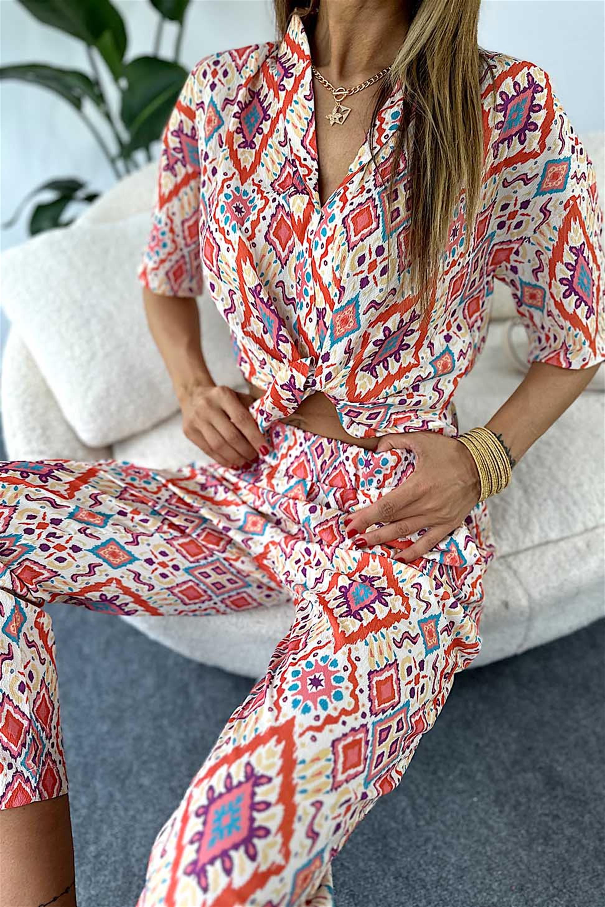 Şal Yaka Beli Bağlamalı Renkli Kimono Takım Turuncu