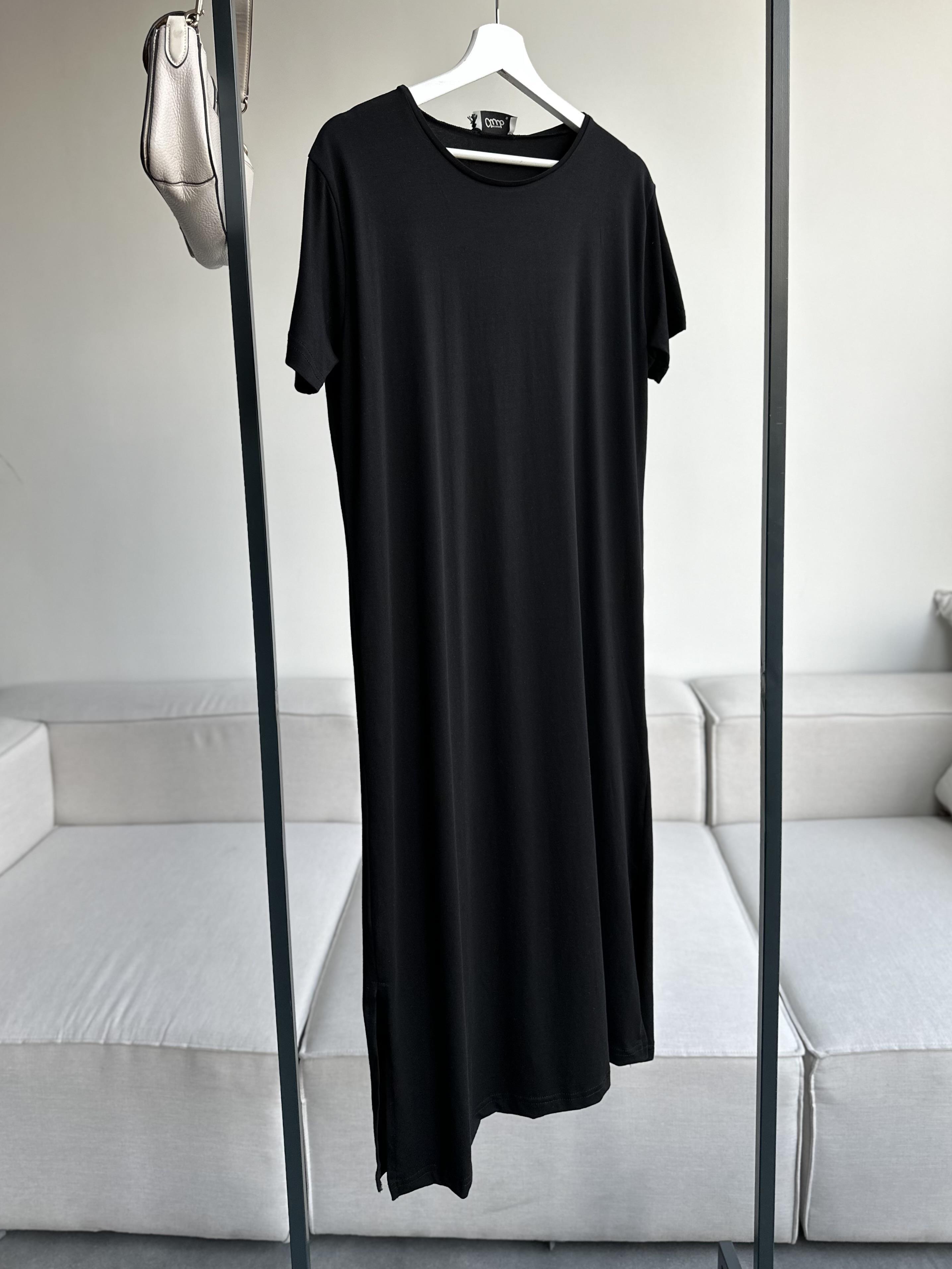 Siyah Çift Yırtmaçlı Pamuk Penye Elbise