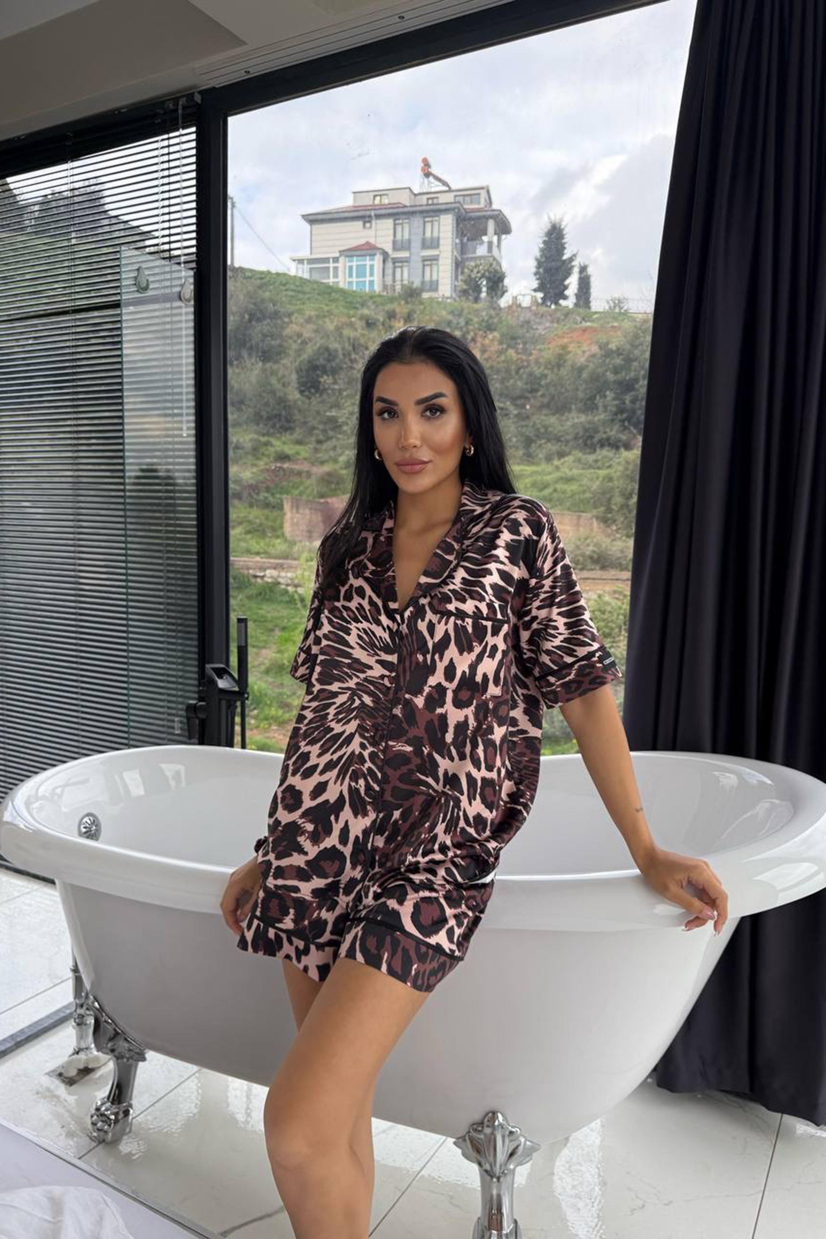 Stagione Estiva Saten Kısa Pijama Takımı Kahverengi
