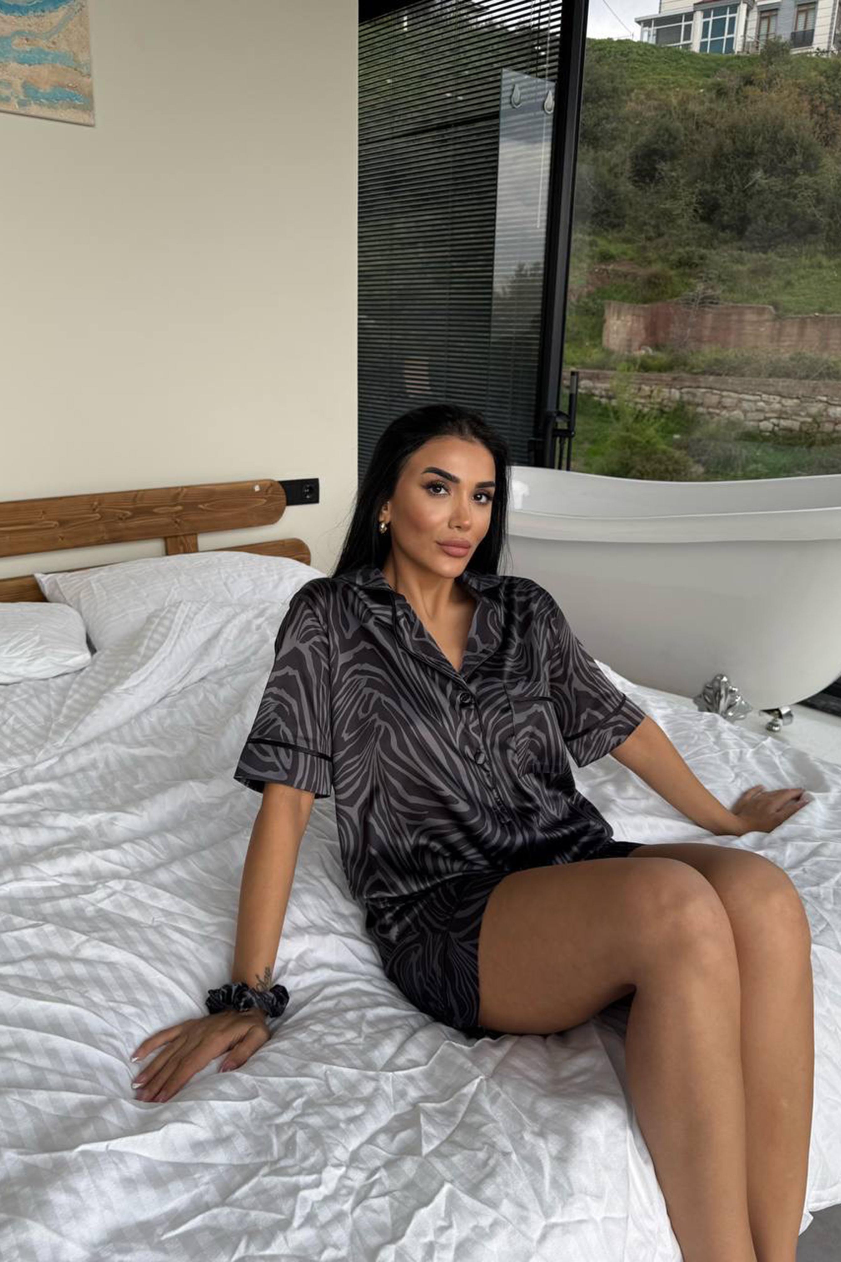 Stagione Estiva Saten Kısa Pijama Takımı Antrasit