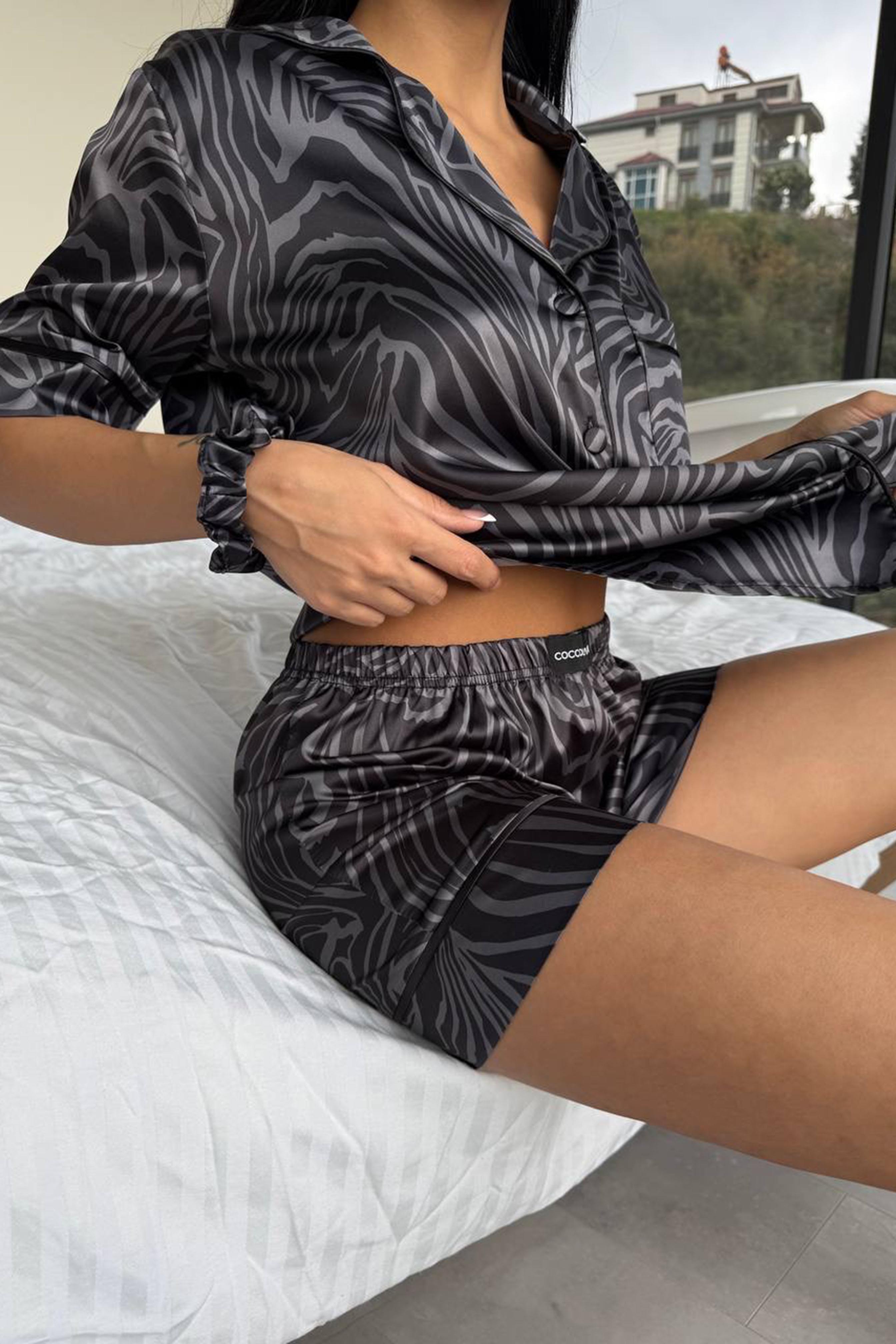 Stagione Estiva Saten Kısa Pijama Takımı Antrasit