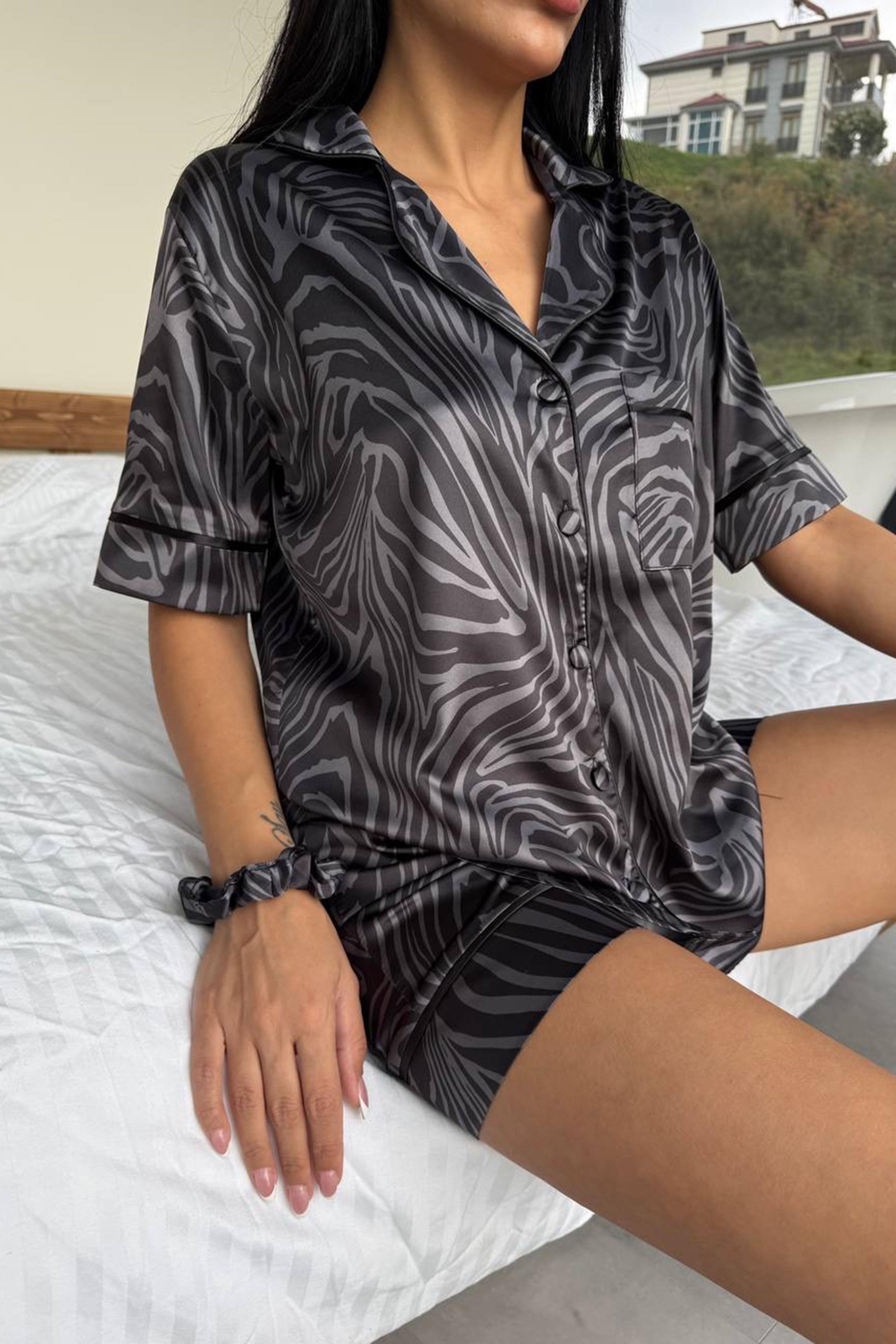 Stagione Estiva Saten Kısa Pijama Takımı Antrasit