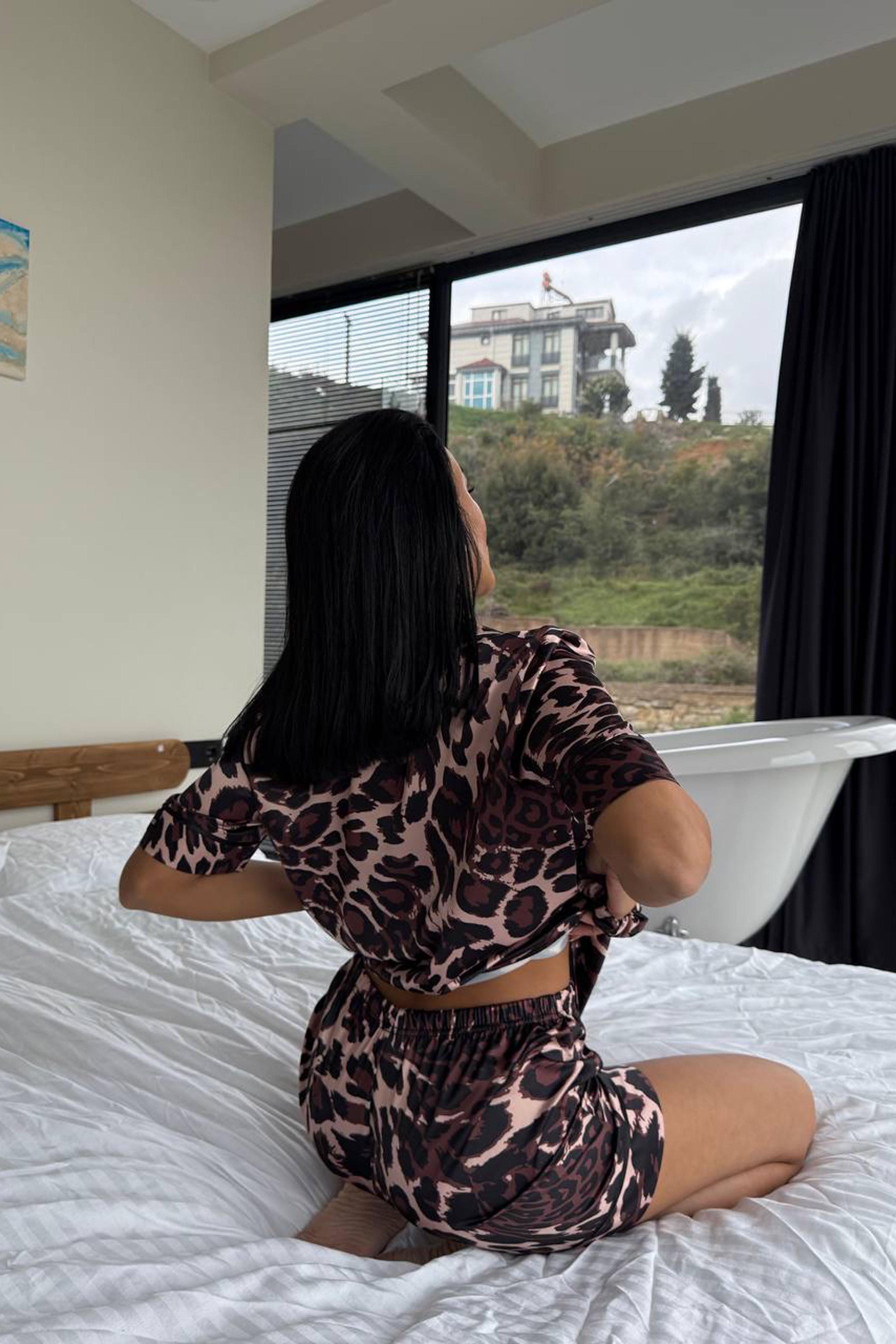 Stagione Estiva Saten Kısa Pijama Takımı Kahverengi