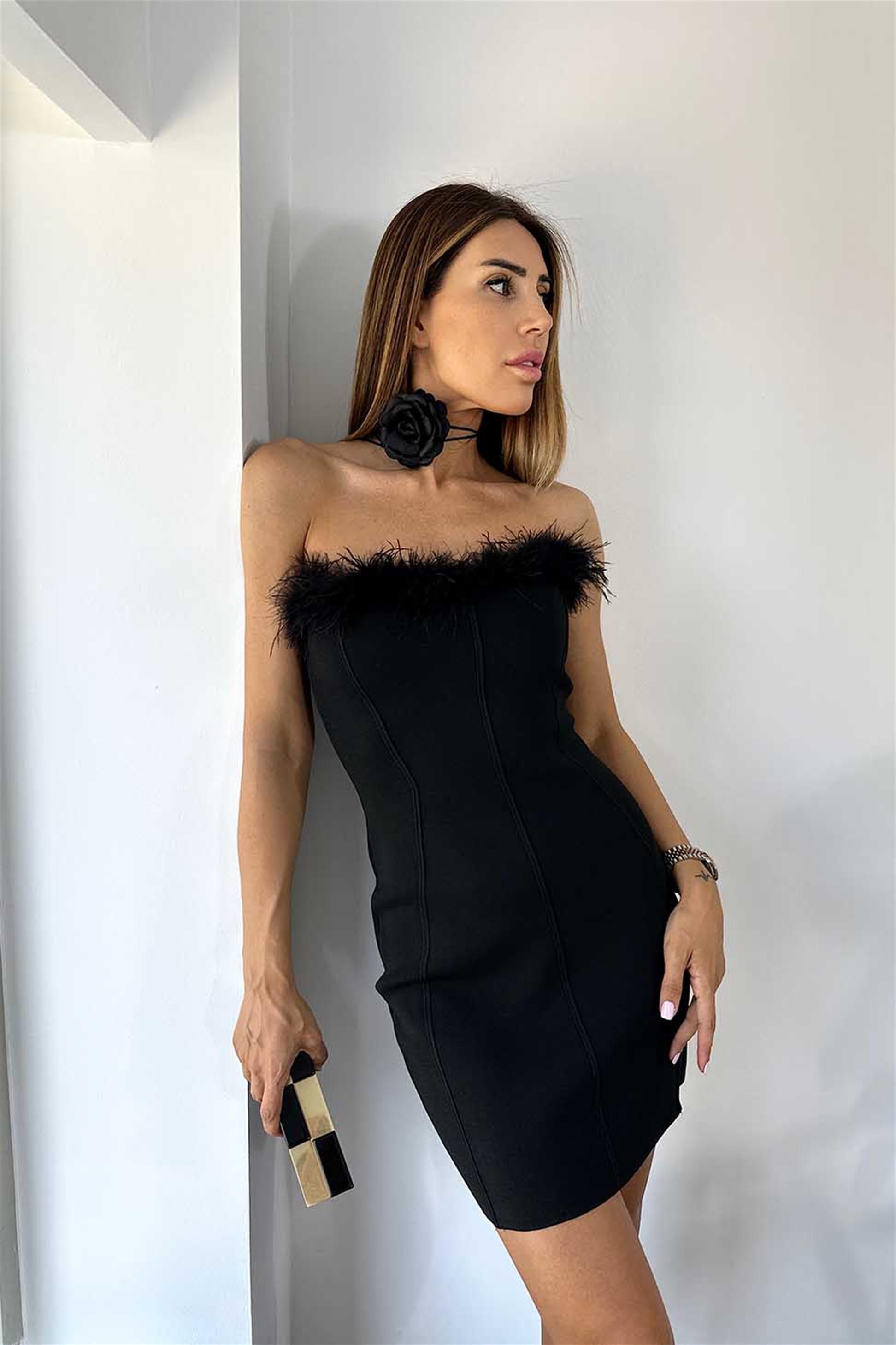 Straplez Tüy Detaylı Mini Triko Elbise Siyah