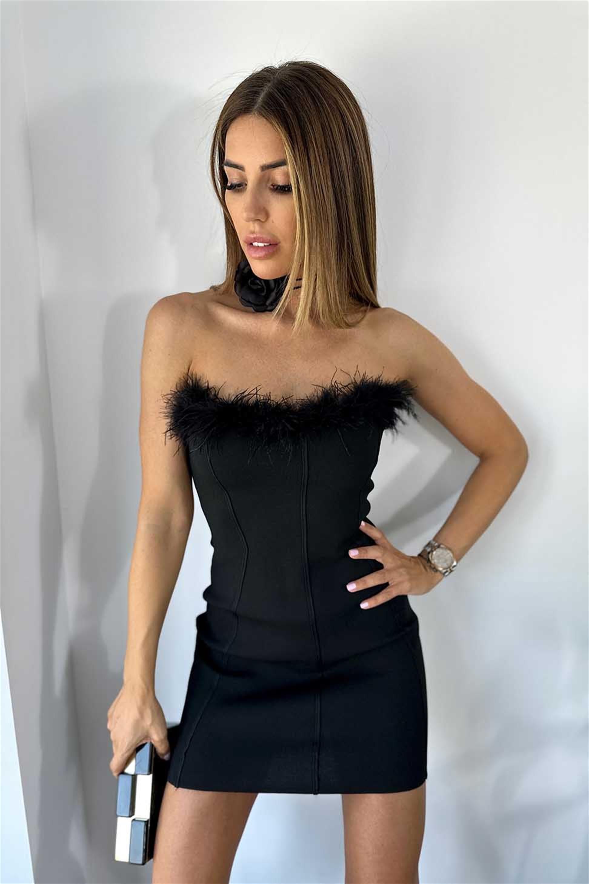 Straplez Tüy Detaylı Mini Triko Elbise Siyah