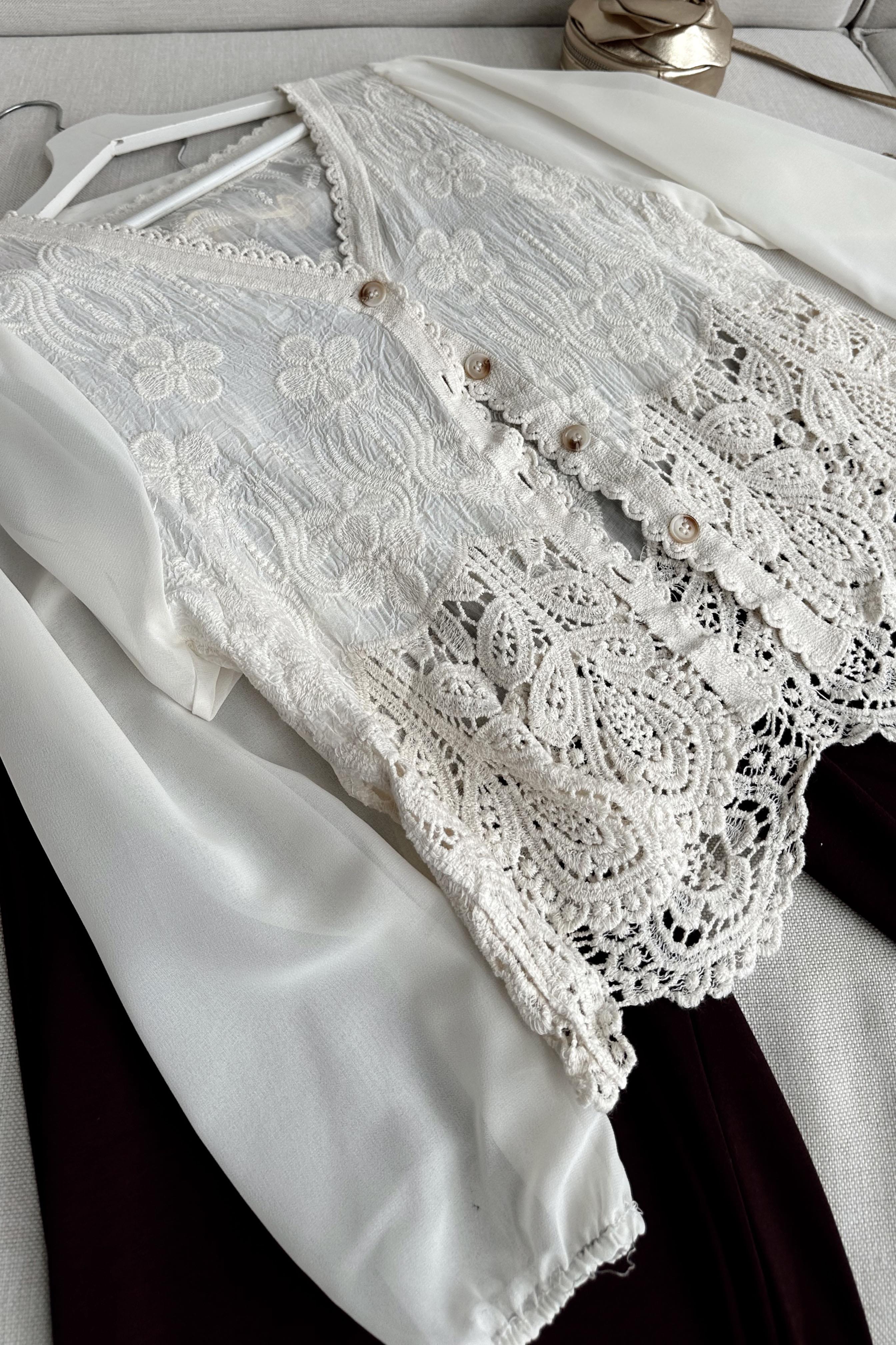 Summer Lace Kolları Tül Tasarım Bluz Ekru