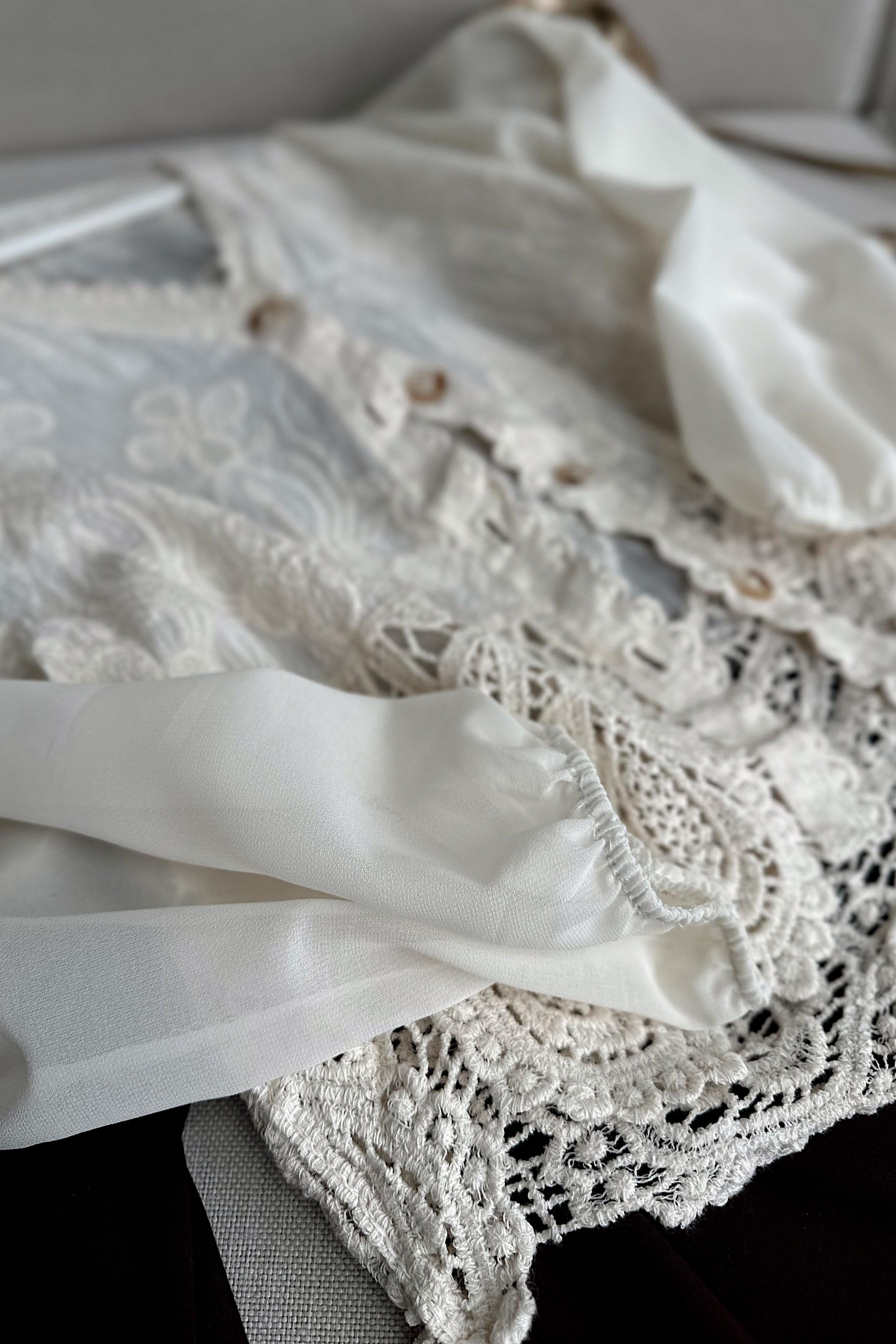 Summer Lace Kolları Tül Tasarım Bluz Ekru