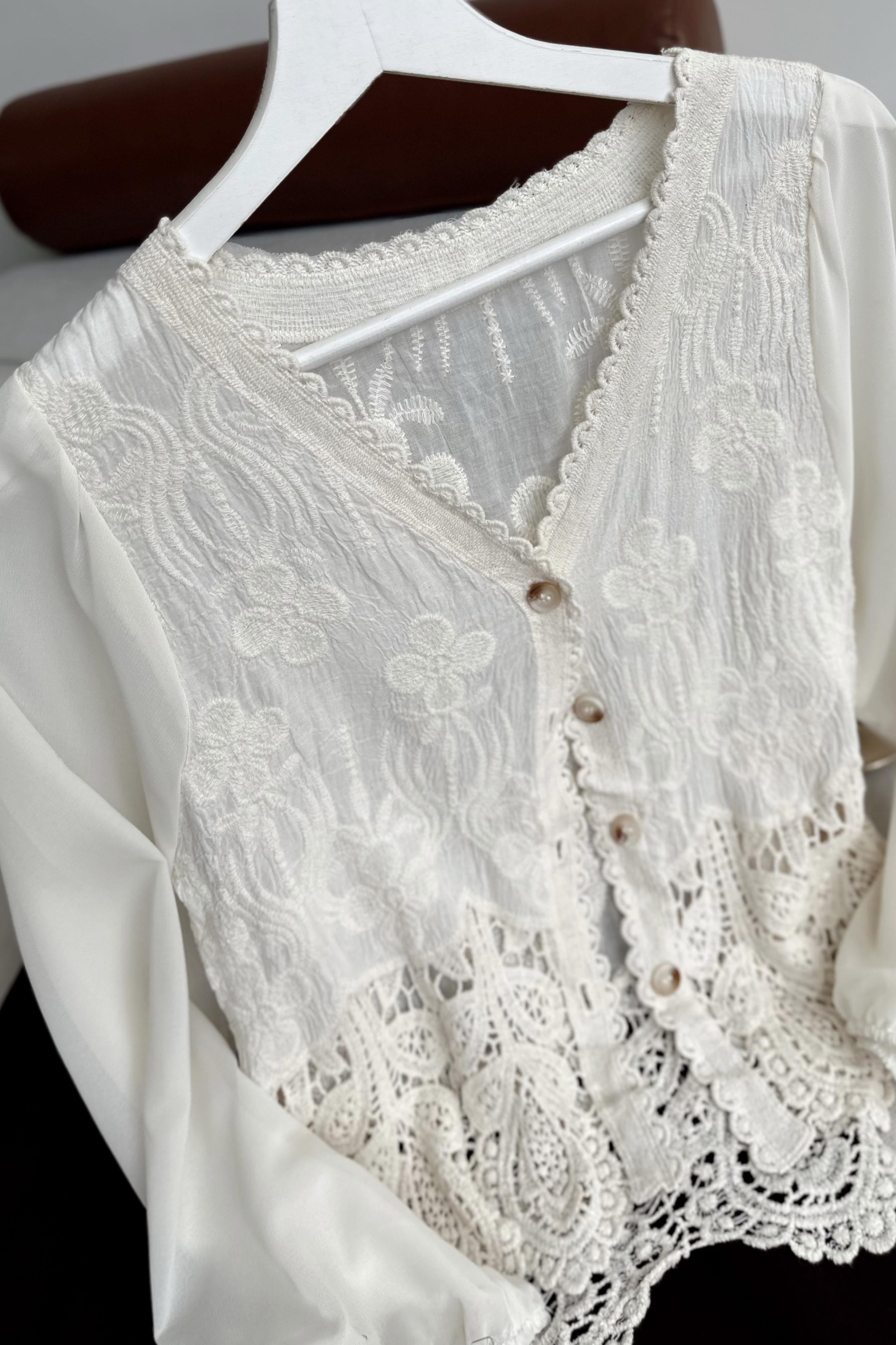 Summer Lace Kolları Tül Tasarım Bluz Ekru