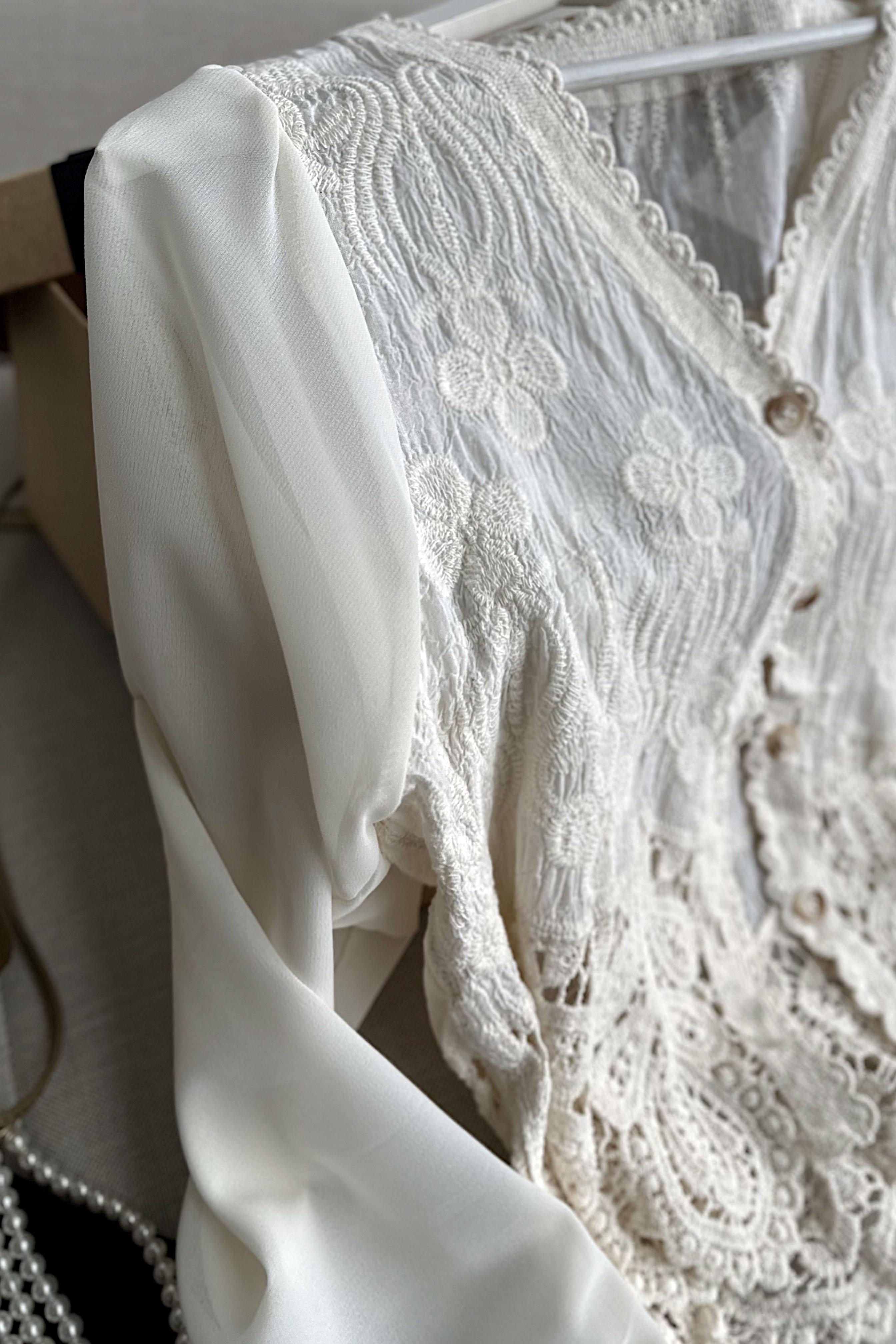 Summer Lace Kolları Tül Tasarım Bluz Ekru