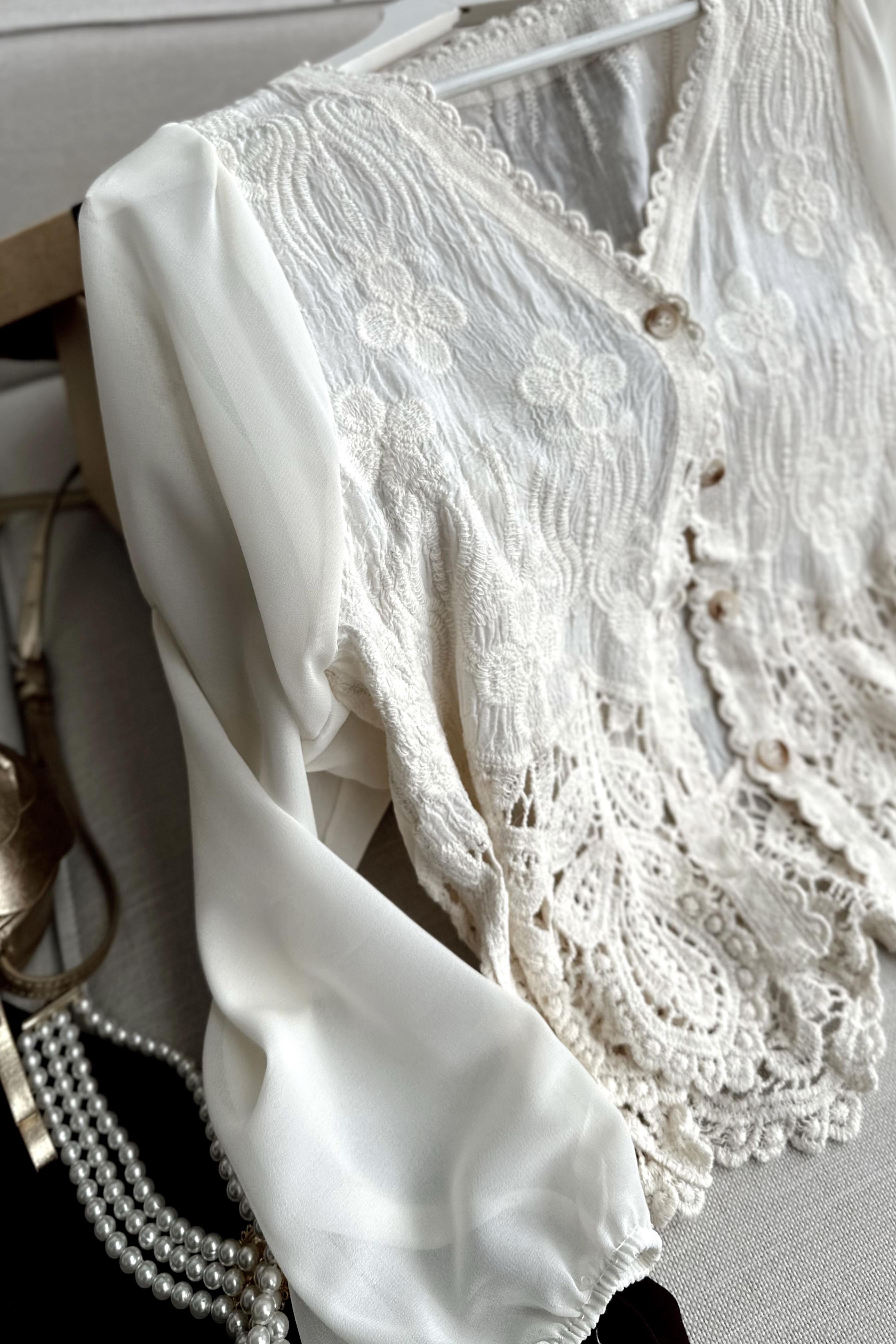 Summer Lace Kolları Tül Tasarım Bluz Ekru