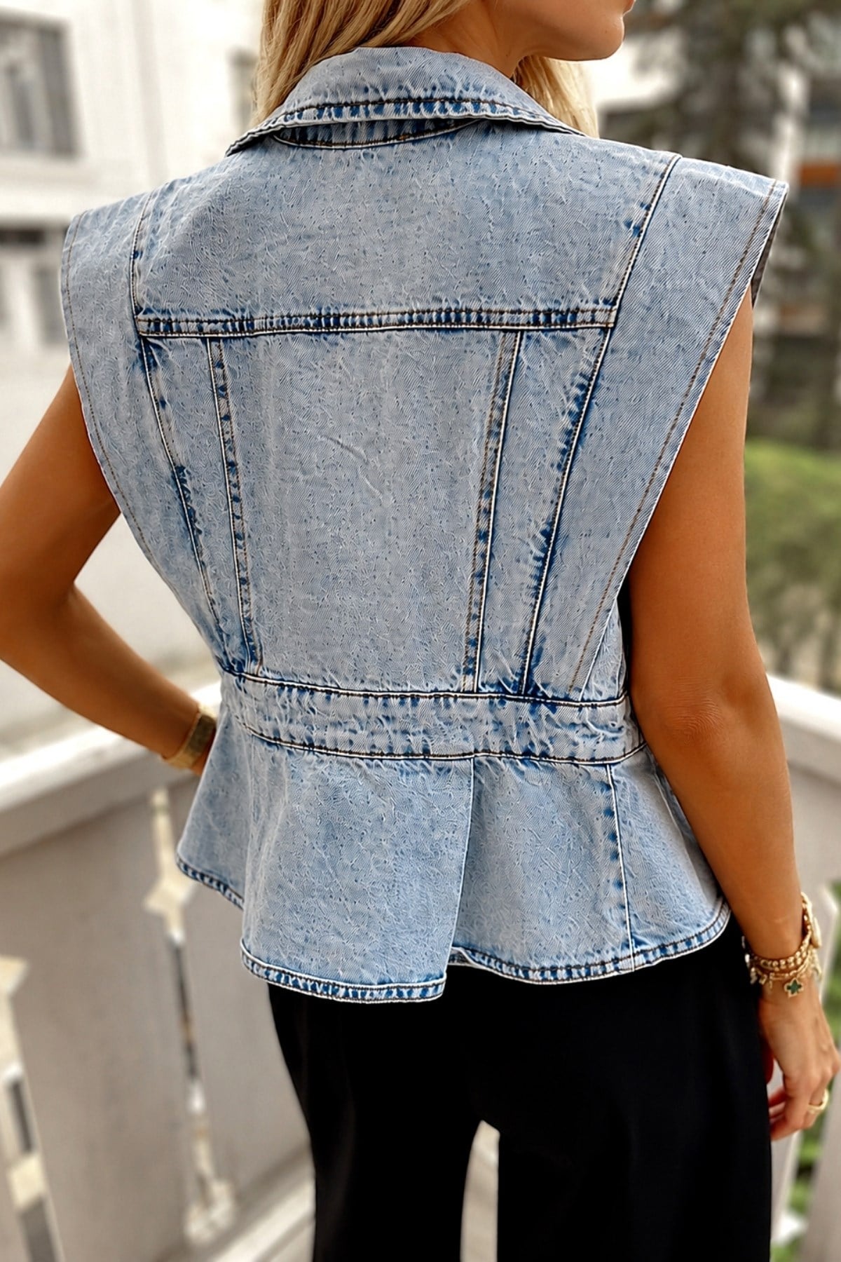 Tek Düğme Detaylı Denim Yelek Açık Mavi