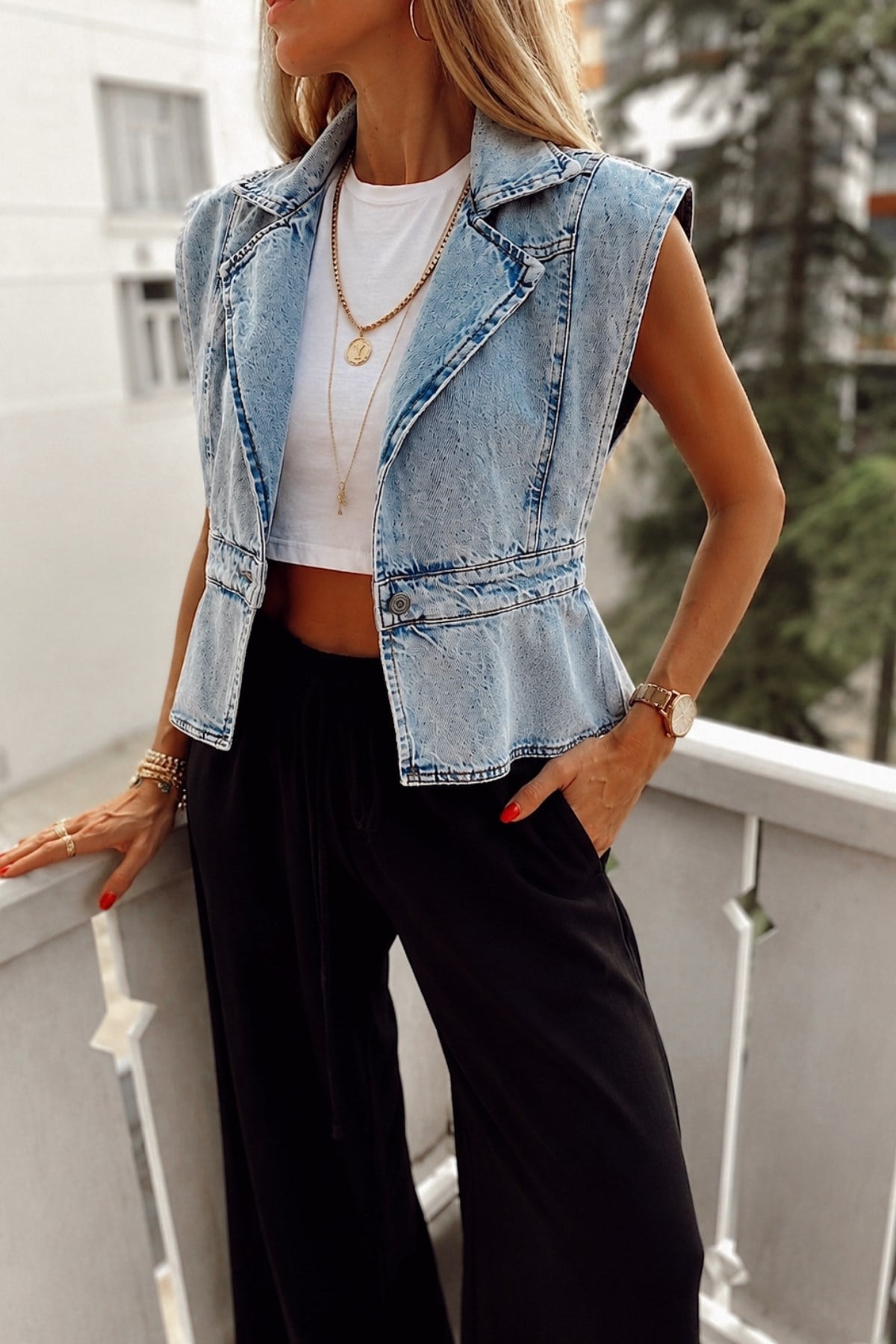 Tek Düğme Detaylı Denim Yelek Açık Mavi