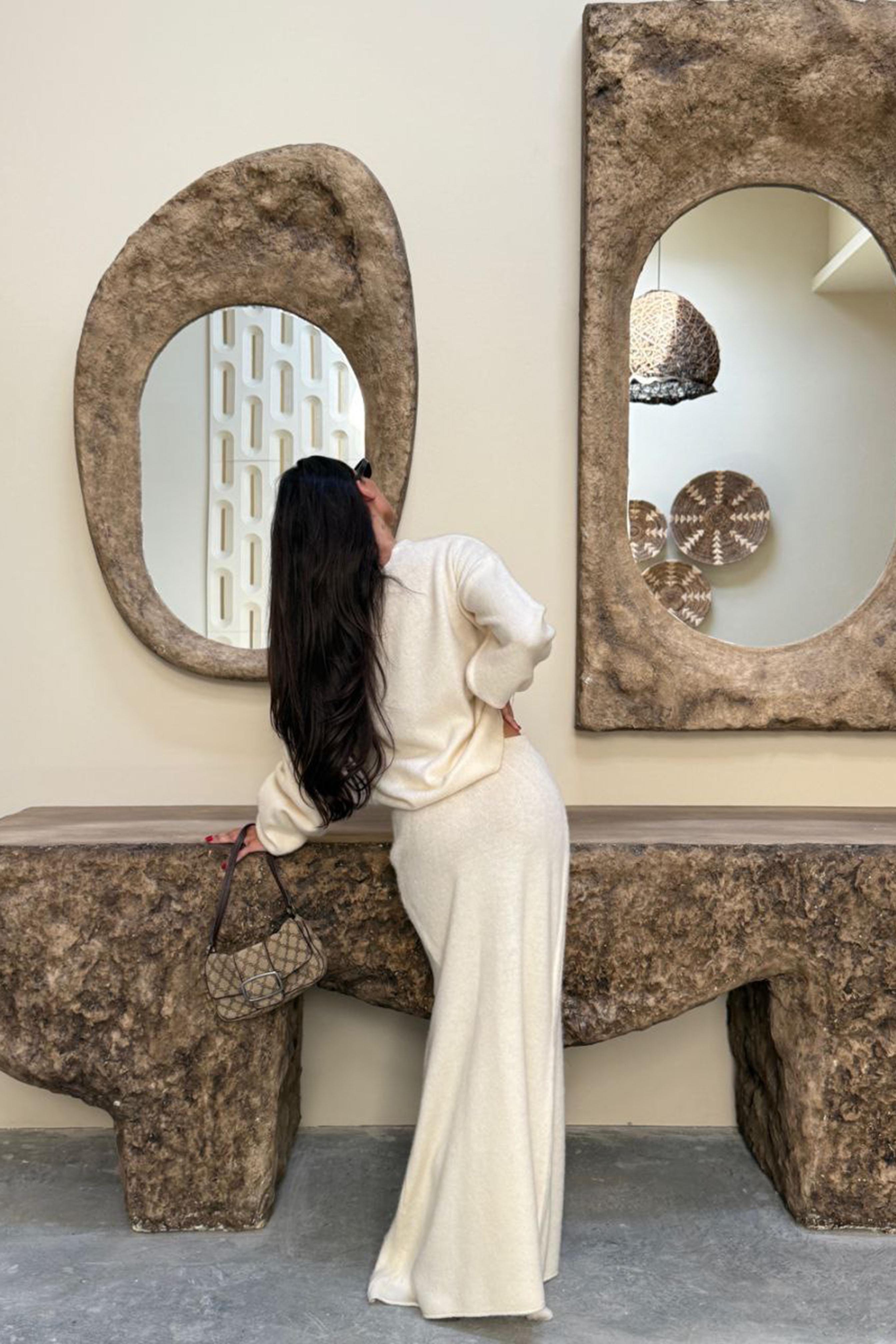 V Yaka Etekli  İkili Triko Takım Ekru