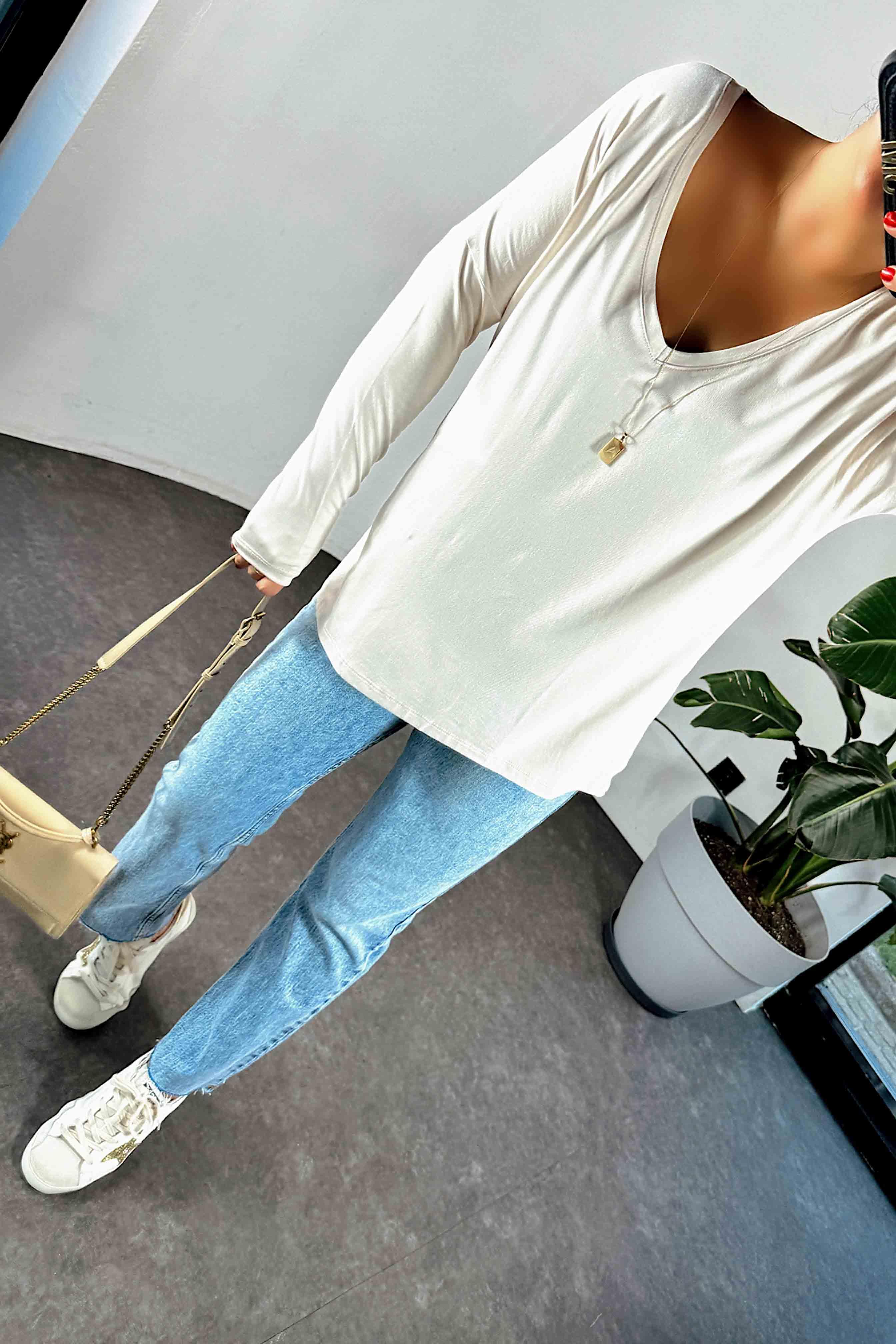 V Yaka Oversize Basic Kadın Bluz Taş