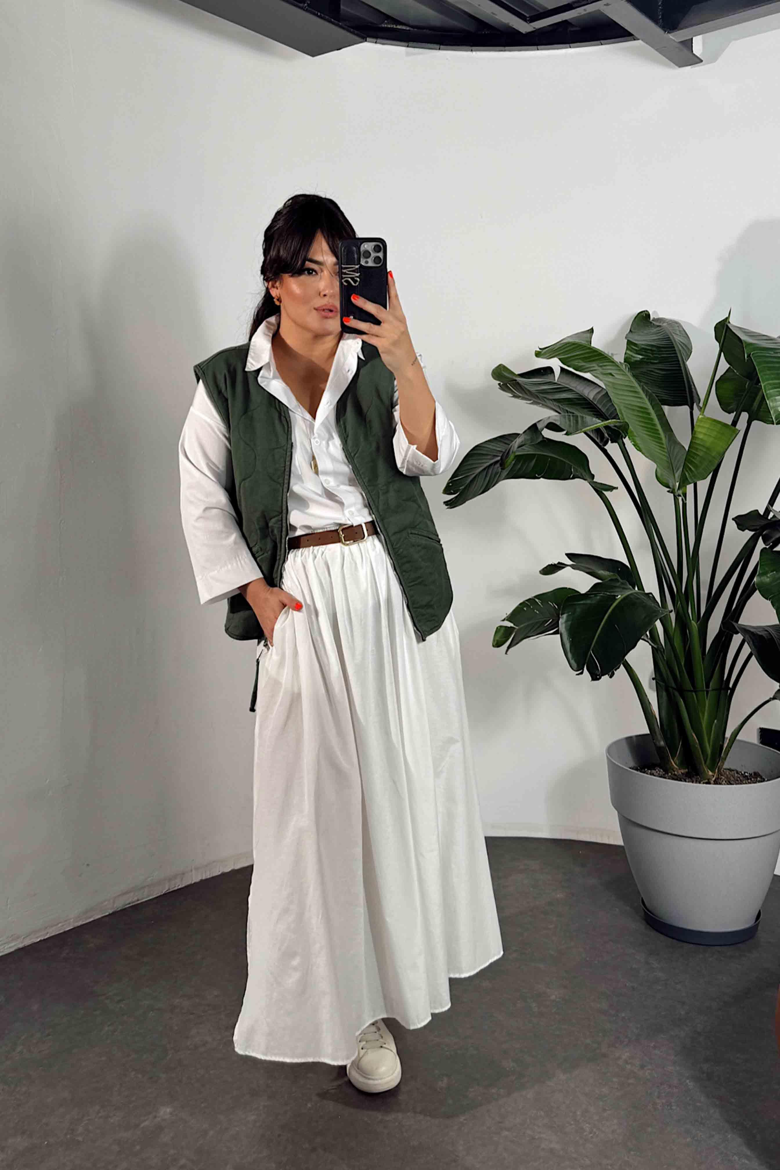 Viskon Kumaş Cep Detaylı Etek Beyaz