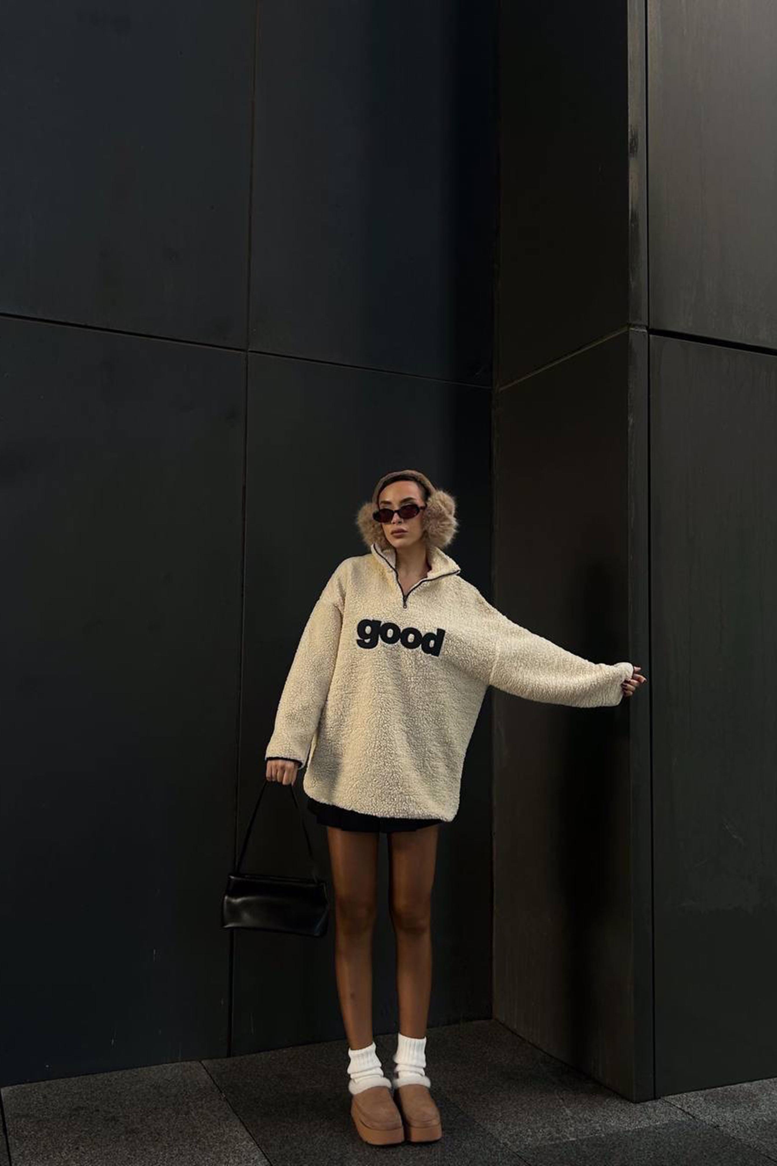 Yazı Detaylı Fermuarlı Teddy Polar Ekru