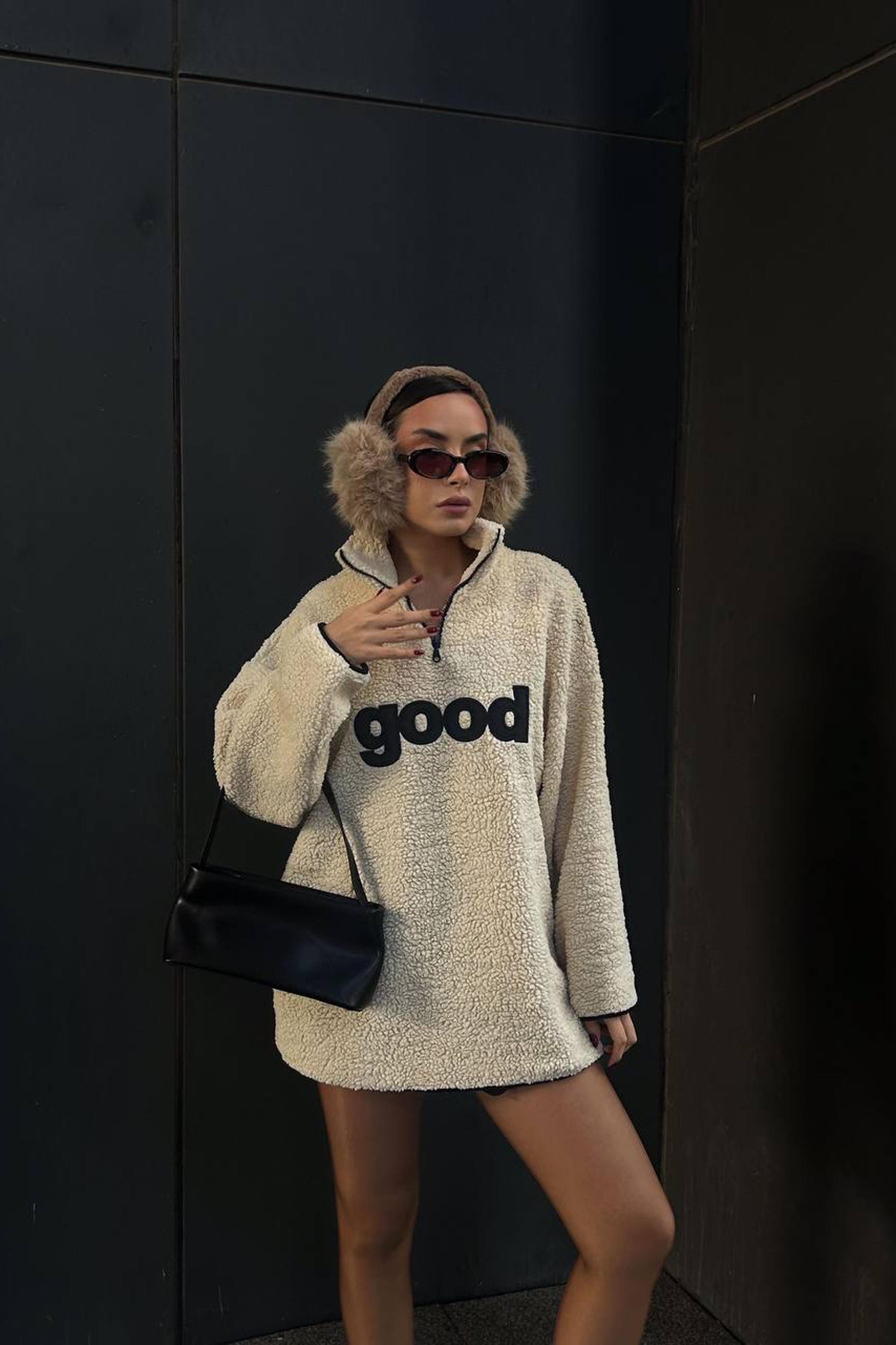 Yazı Detaylı Fermuarlı Teddy Polar Ekru