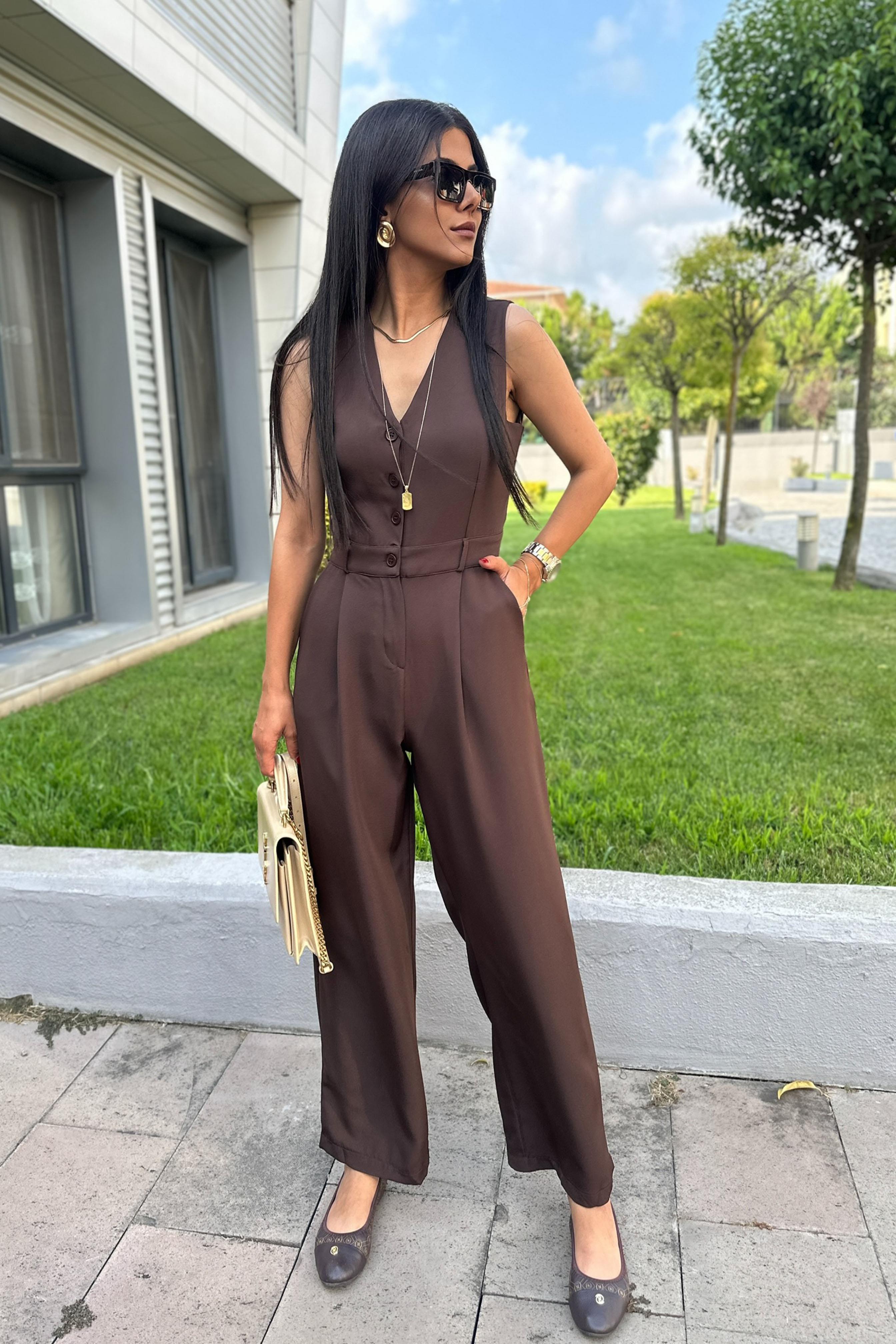 Yüksek Bel Düğme Detaylı Kadın Tulum Kahverengi