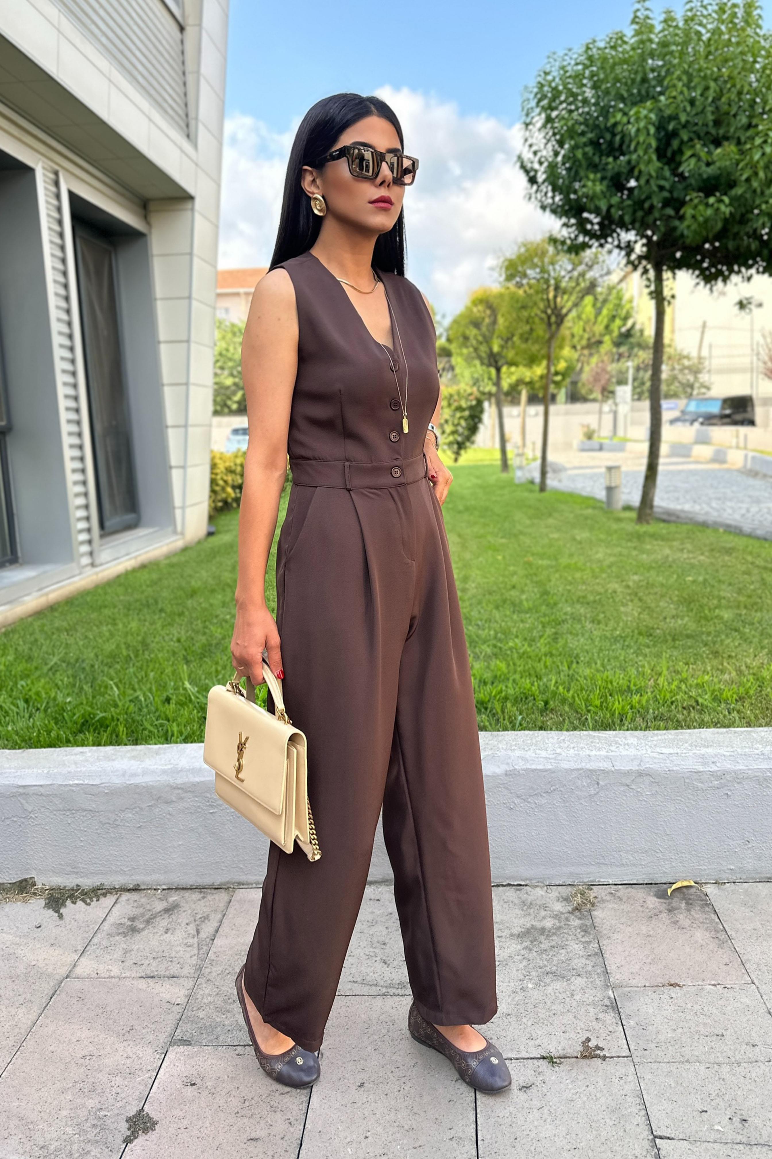 Yüksek Bel Düğme Detaylı Kadın Tulum Kahverengi