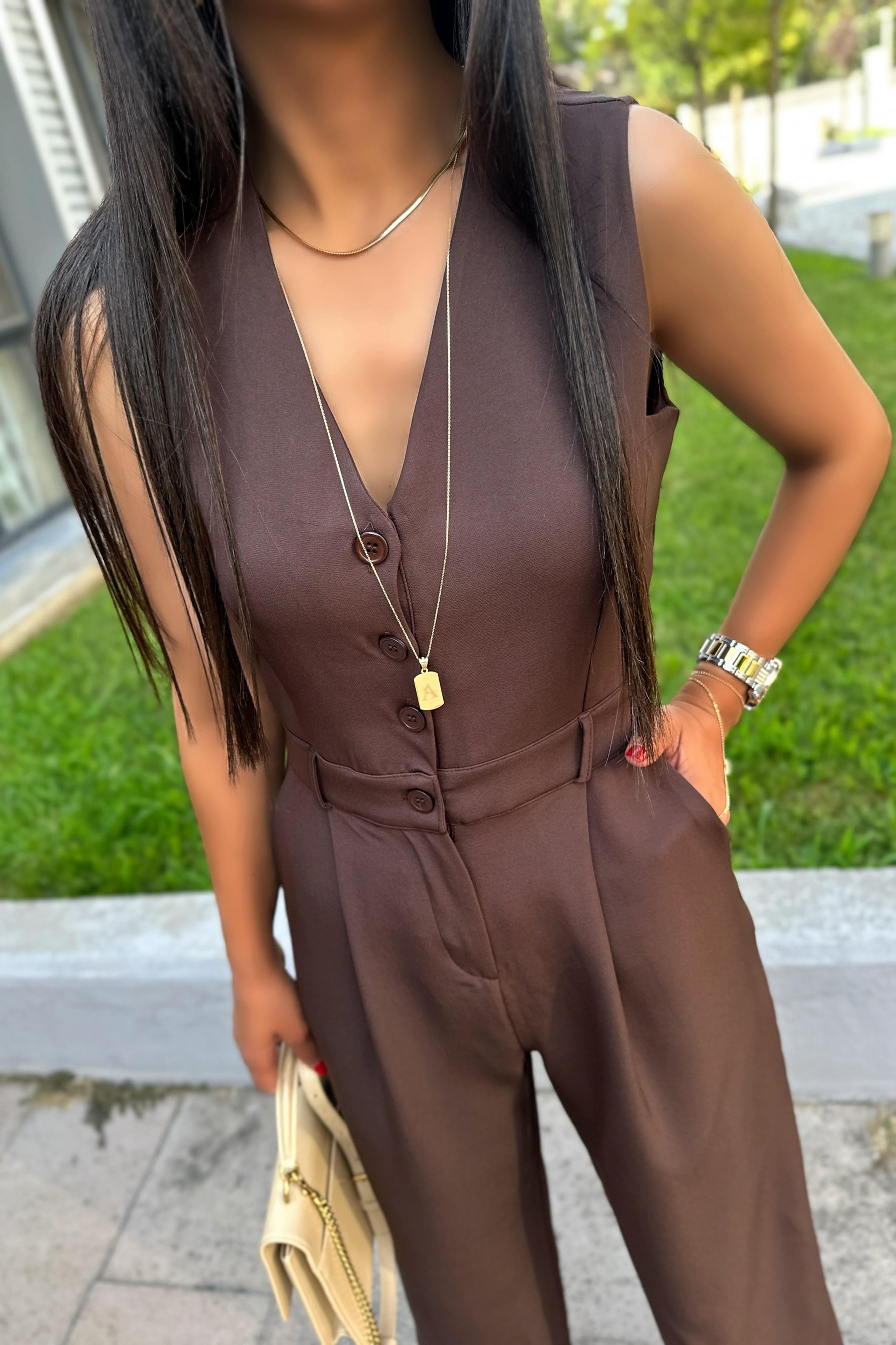 Yüksek Bel Düğme Detaylı Kadın Tulum Kahverengi