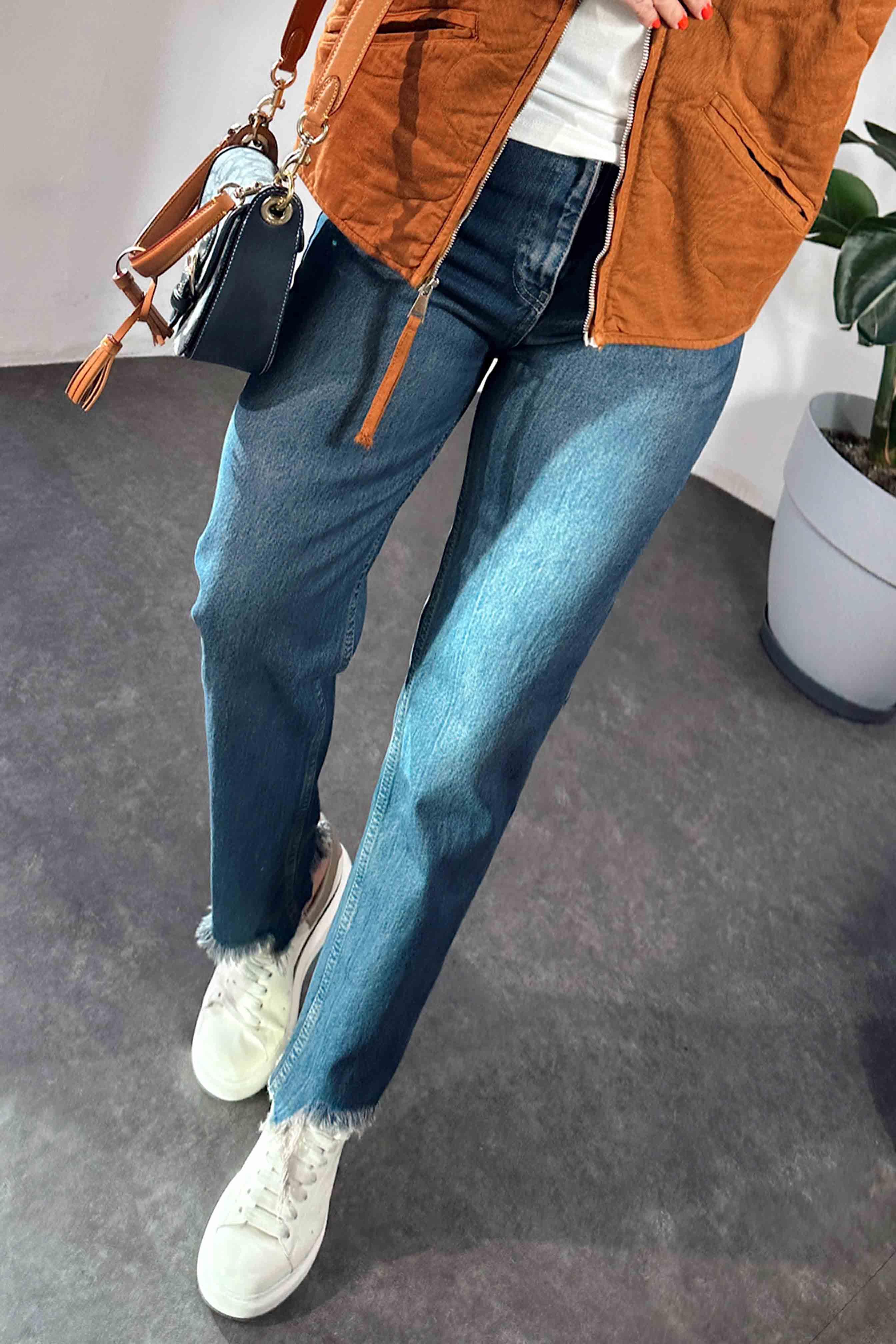 Yüksek Bel Püskül Detay Mom Jean Kadın Pantolon Koyu Mavi