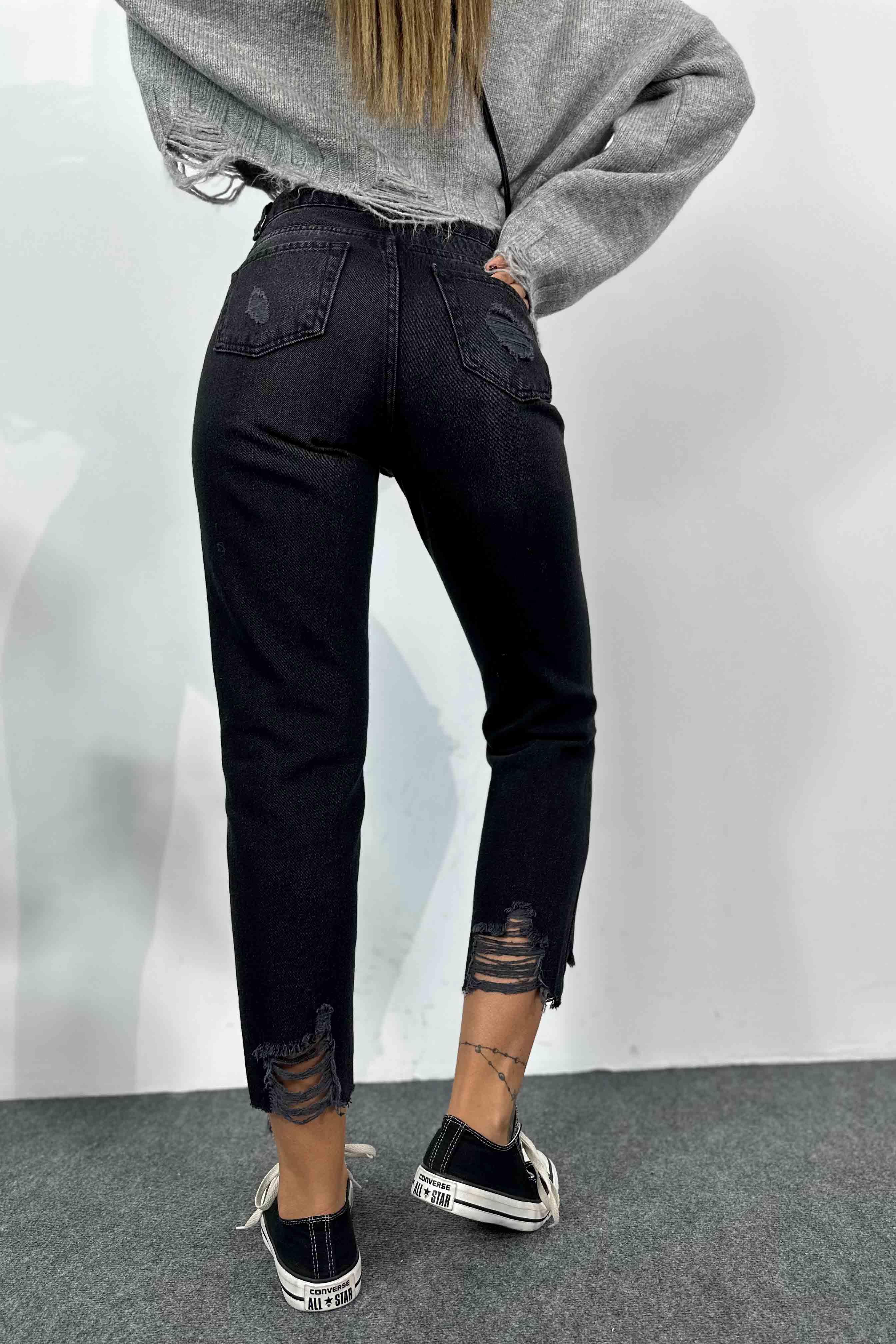 Yüksek Bel Püskül Detaylı Mom Jean Pantolon Füme