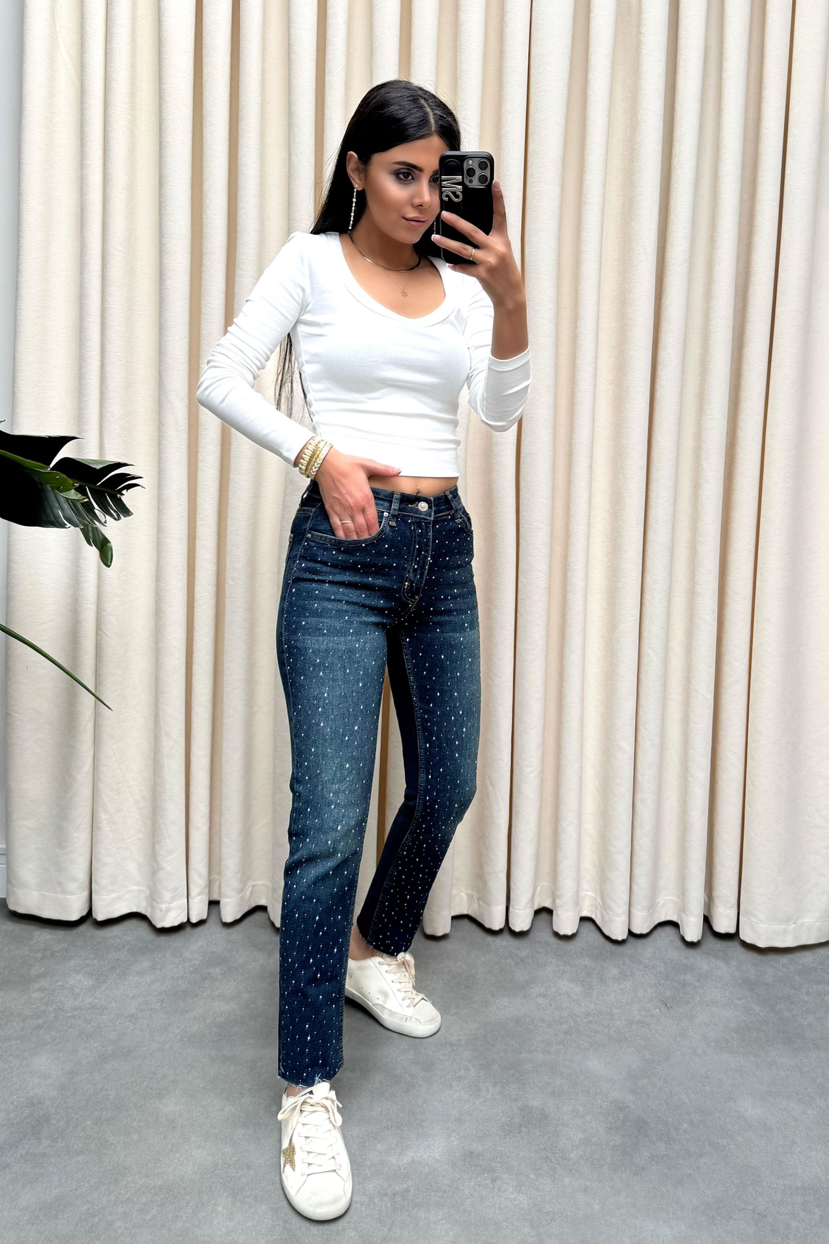 Yüksek Bel Swarovski Taşlı Jean Pantolon Koyu Mavi