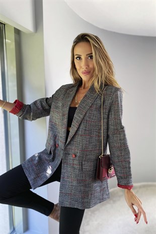 Kırmızı Detaylı Çizgili Blazer Ceket Gri