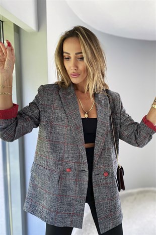 Kırmızı Detaylı Çizgili Blazer Ceket Gri