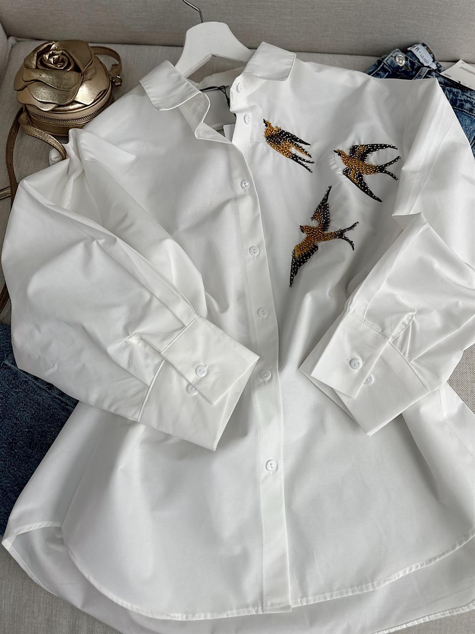 %100 Cotton Ön Arka Kuş İşlemeli Beyaz Poplin Gömlek