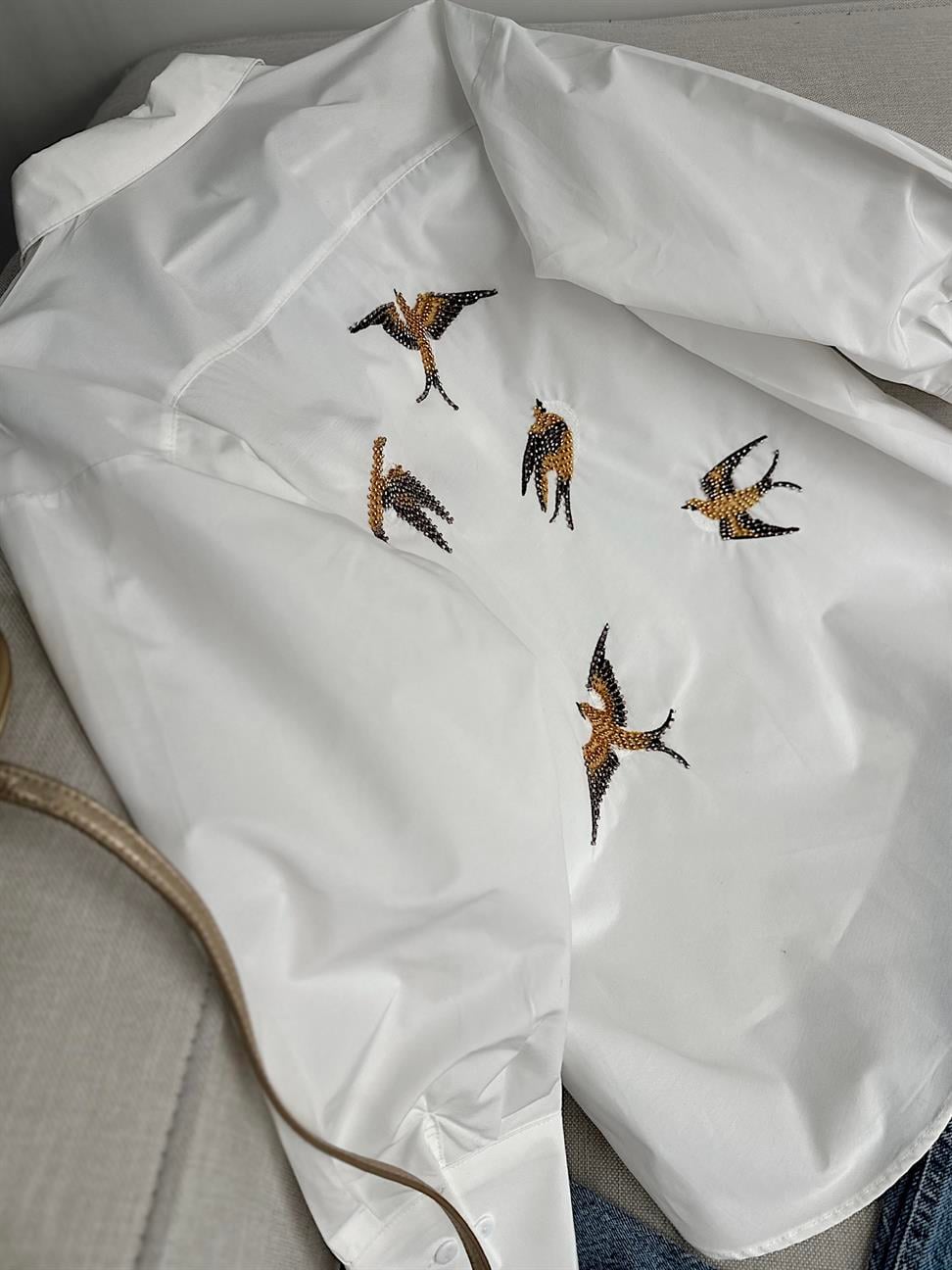 %100 Cotton Ön Arka Kuş İşlemeli Beyaz Poplin Gömlek