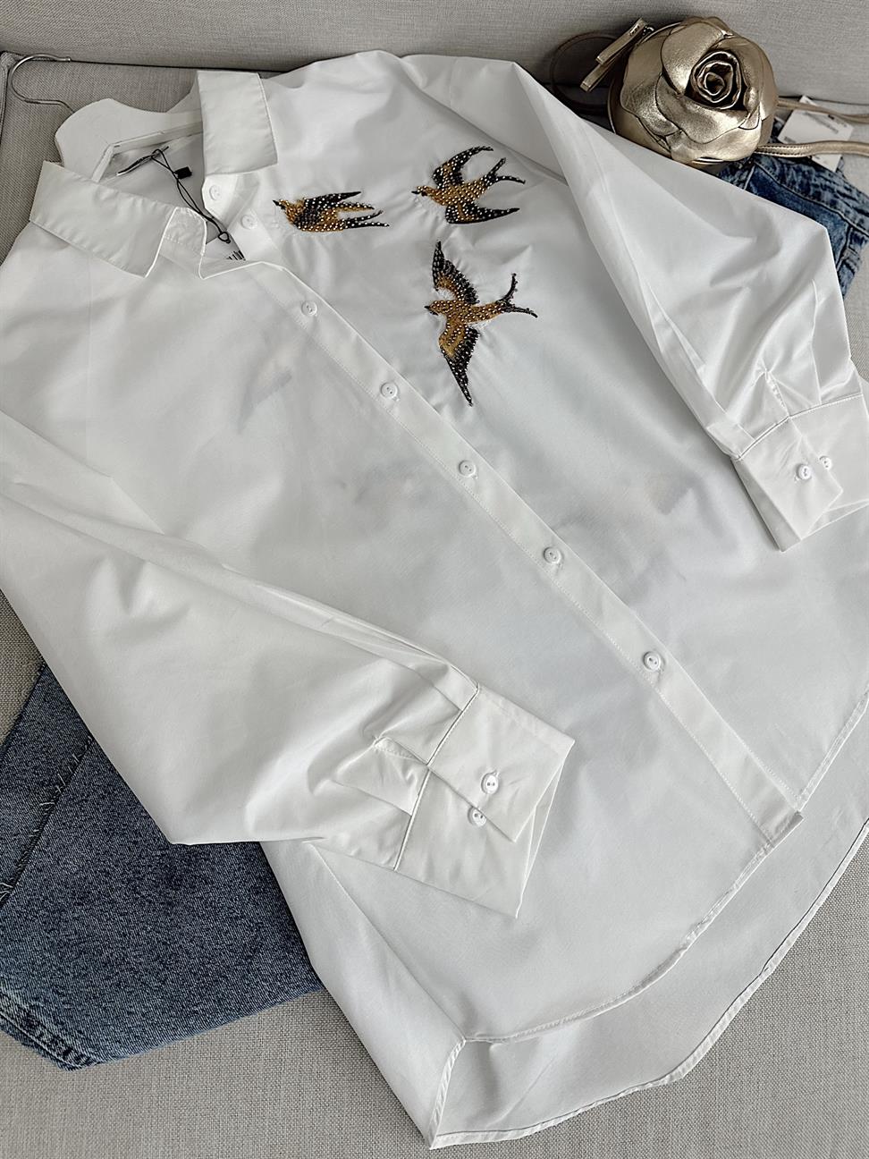 %100 Cotton Ön Arka Kuş İşlemeli Beyaz Poplin Gömlek