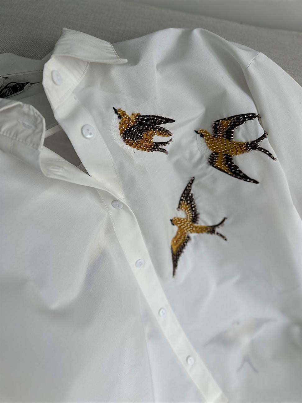 %100 Cotton Ön Arka Kuş İşlemeli Beyaz Poplin Gömlek