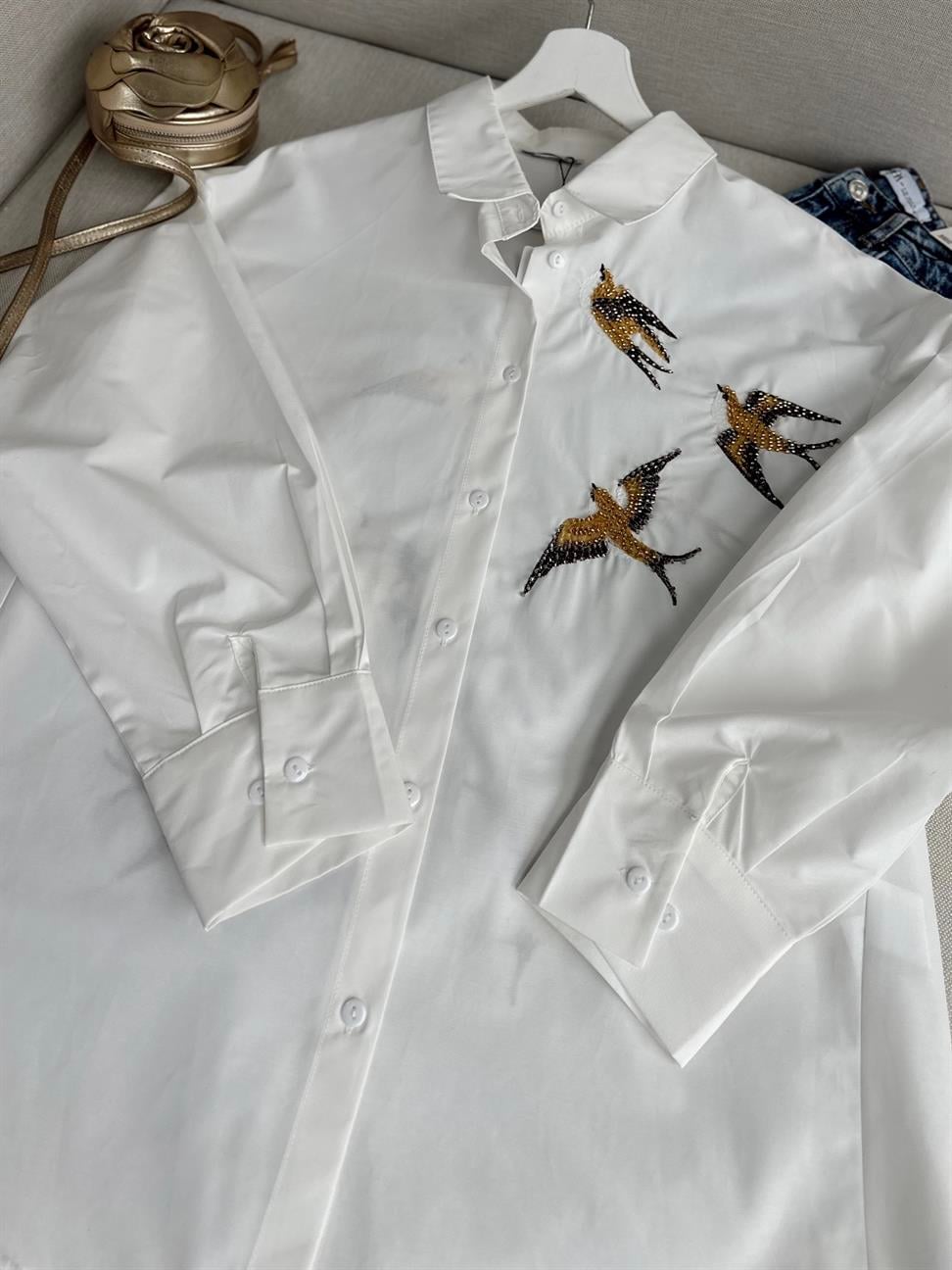 %100 Cotton Ön Arka Kuş İşlemeli Beyaz Poplin Gömlek