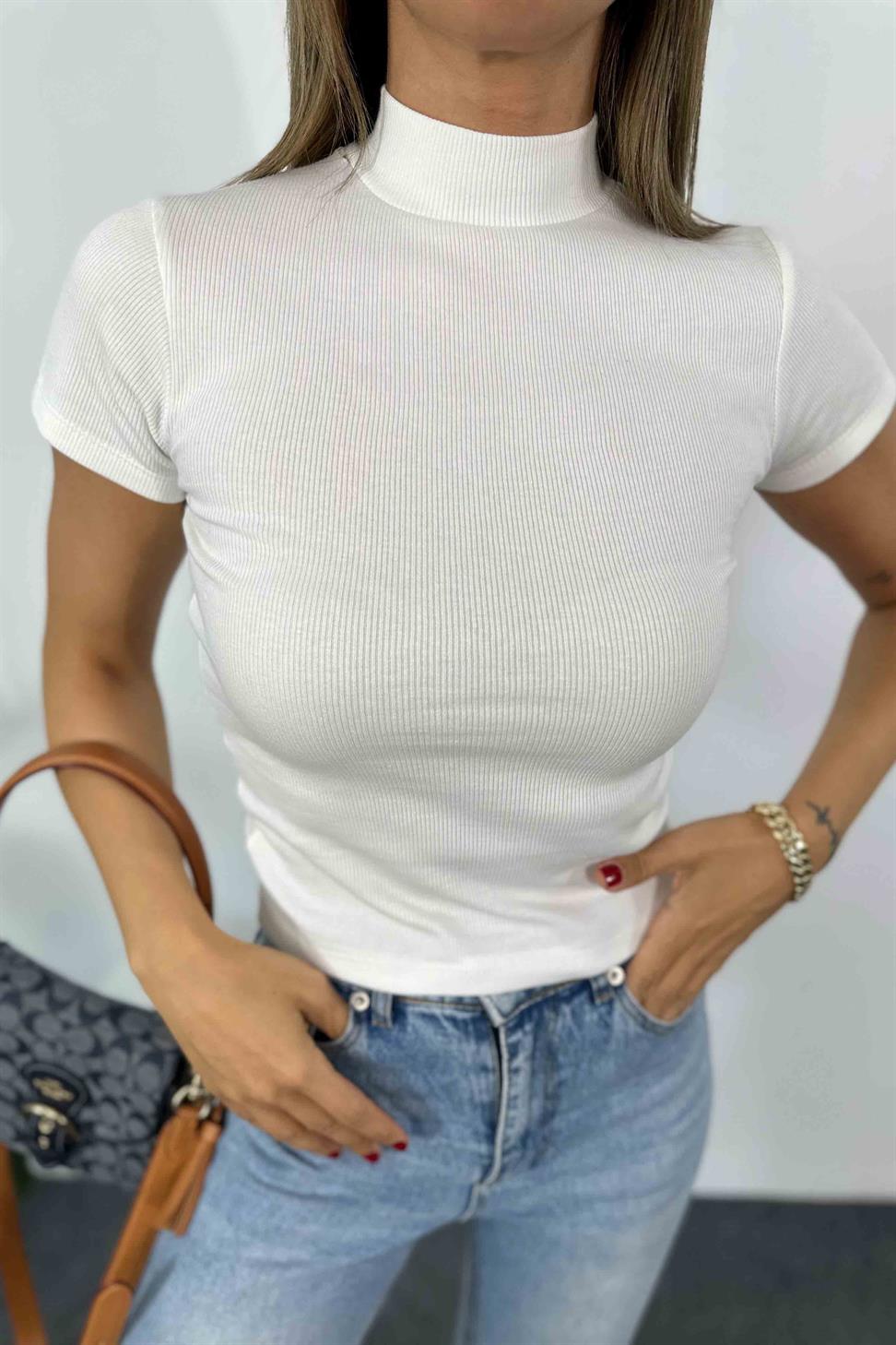 %100 Pamuk İnce Fitilli Body Bluz Ekru
