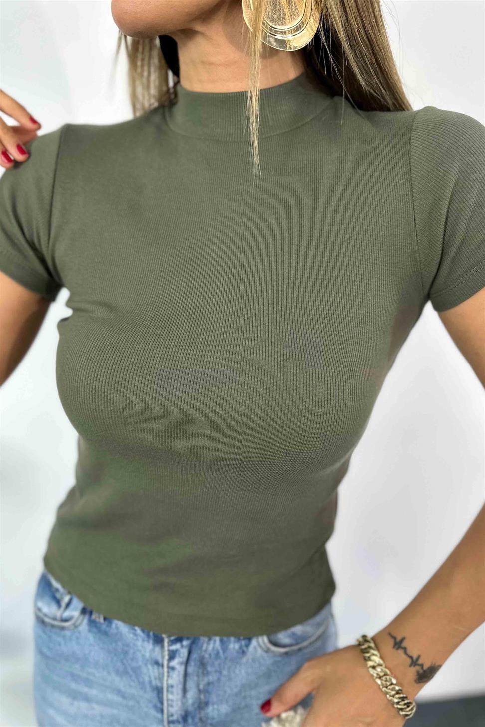 %100 Pamuk İnce Fitilli Body Bluz Haki