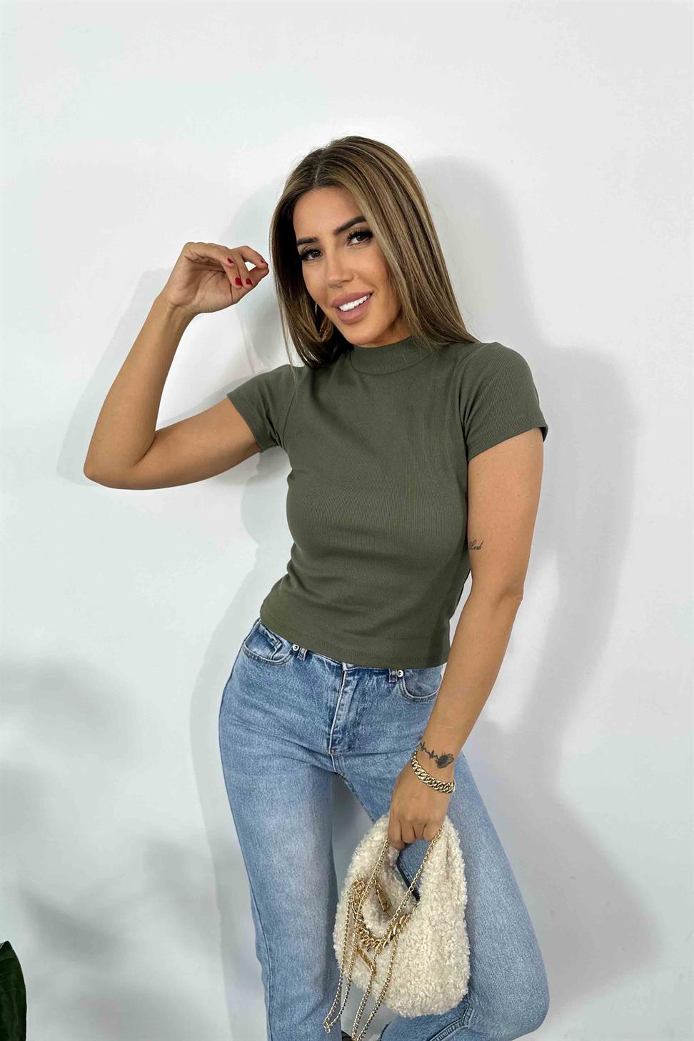 %100 Pamuk İnce Fitilli Body Bluz Haki