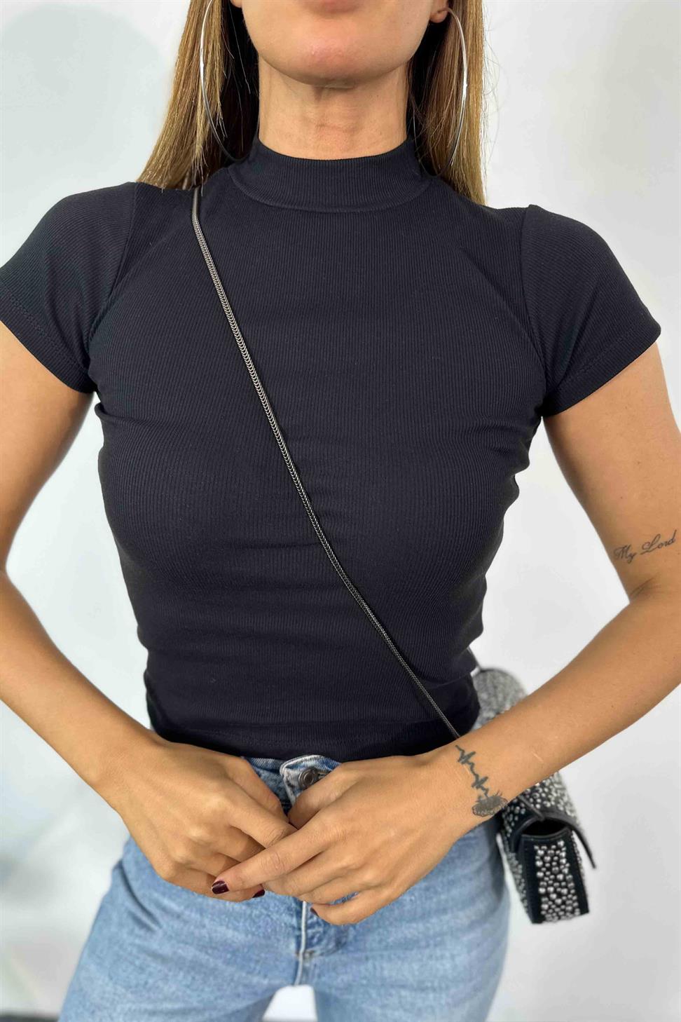 %100 Pamuk İnce Fitilli Body Bluz Siyah