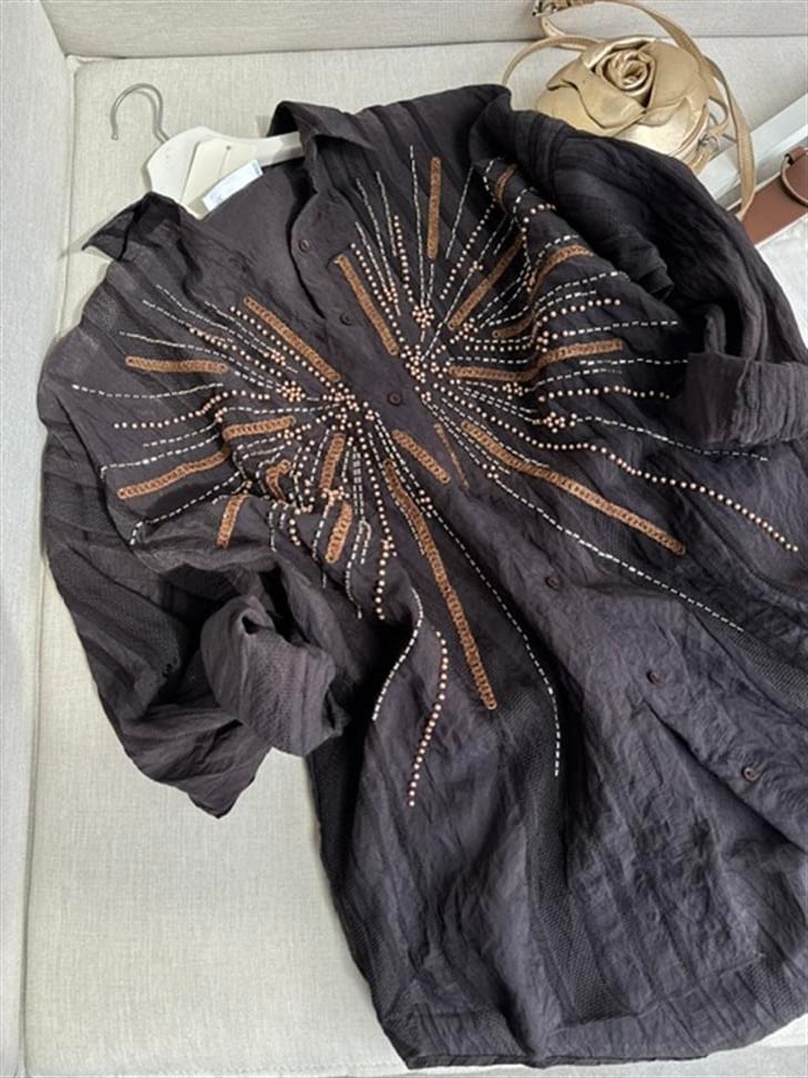 Acı Kahve Boncuk İşleme Çesil Gömlek