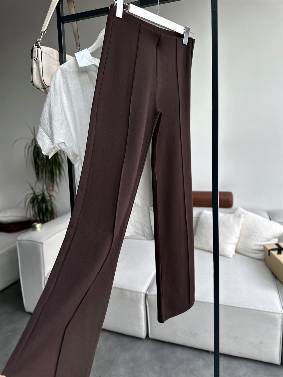 Acı Kahve Çimalı Likralı Palazzo Pantolon