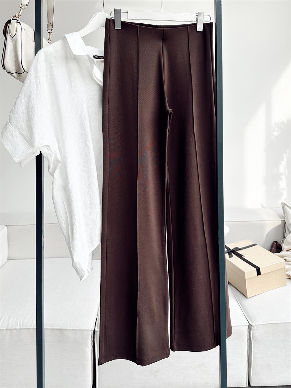 Acı Kahve Çimalı Likralı Palazzo Pantolon