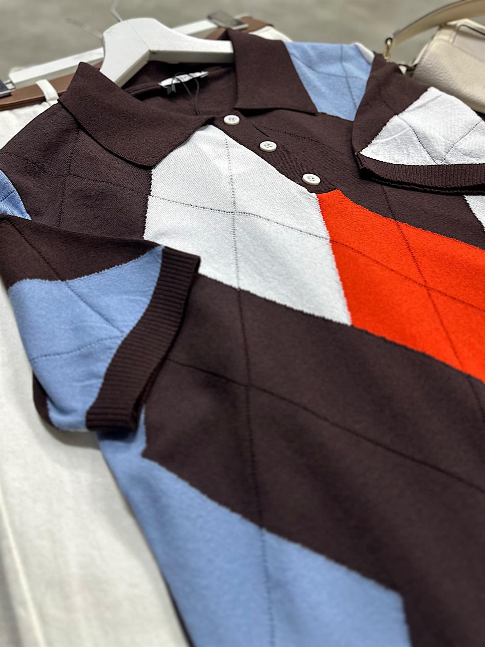 Acı Kahve Mavi Baklava Desenli Polo Yaka Merserize