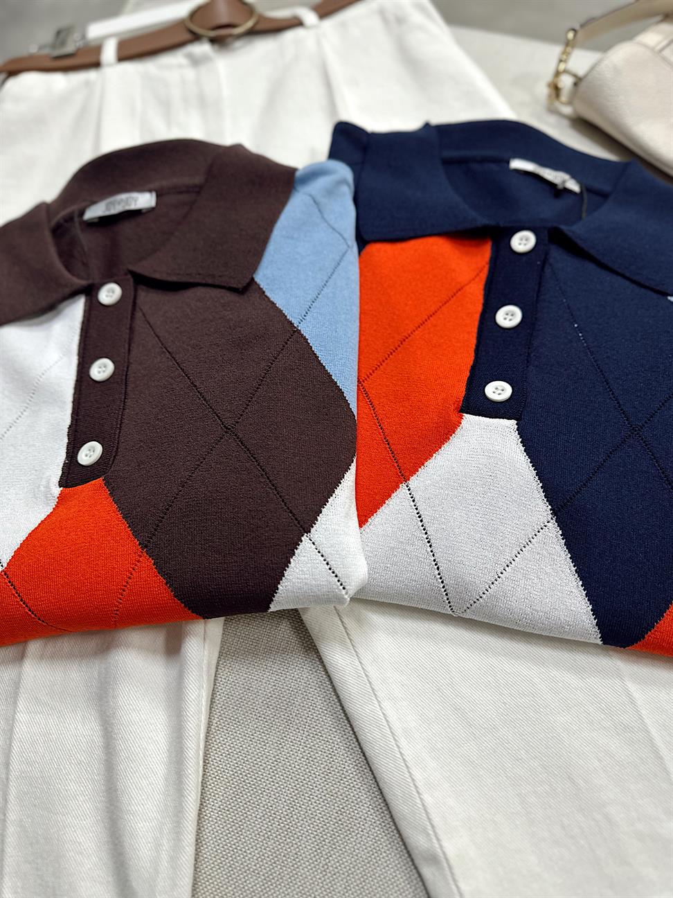 Acı Kahve Mavi Baklava Desenli Polo Yaka Merserize