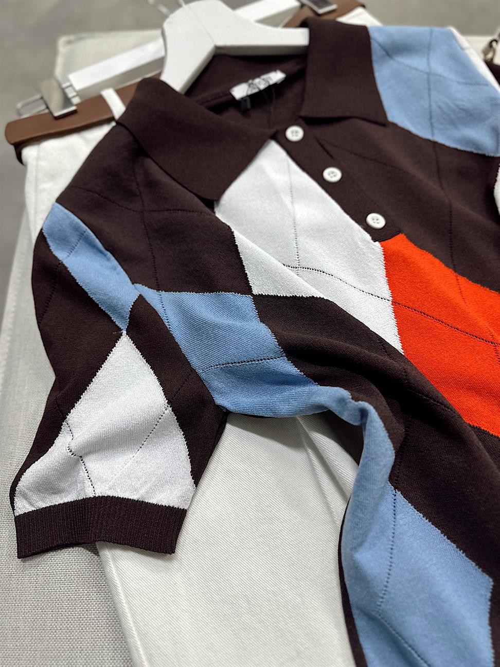 Acı Kahve Mavi Baklava Desenli Polo Yaka Merserize