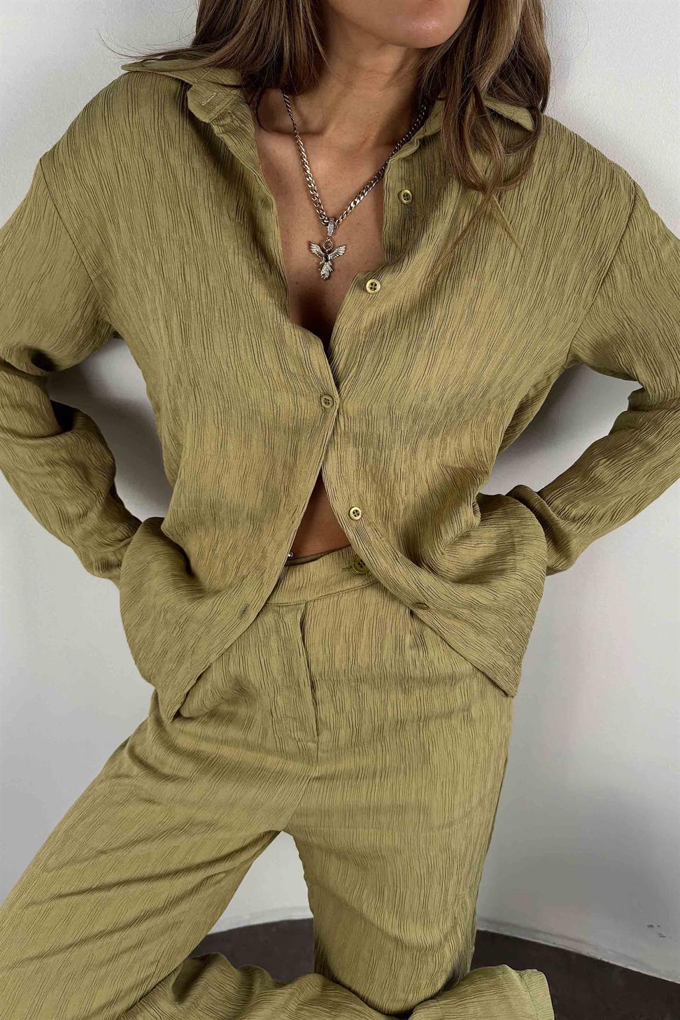 Akordiyon Kumaş İkili Kadın Takım Mint