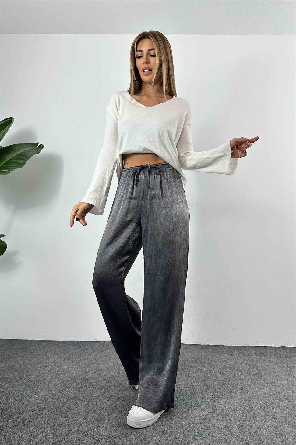 Akordiyon Kumaş Salaş Kadın Pantolon Antrasit