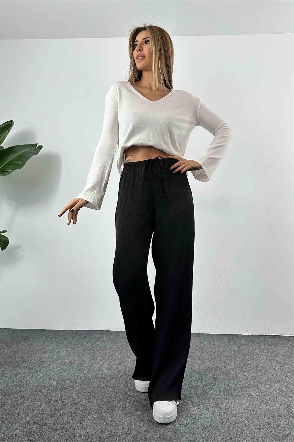 Akordiyon Kumaş Salaş Kadın Pantolon Siyah