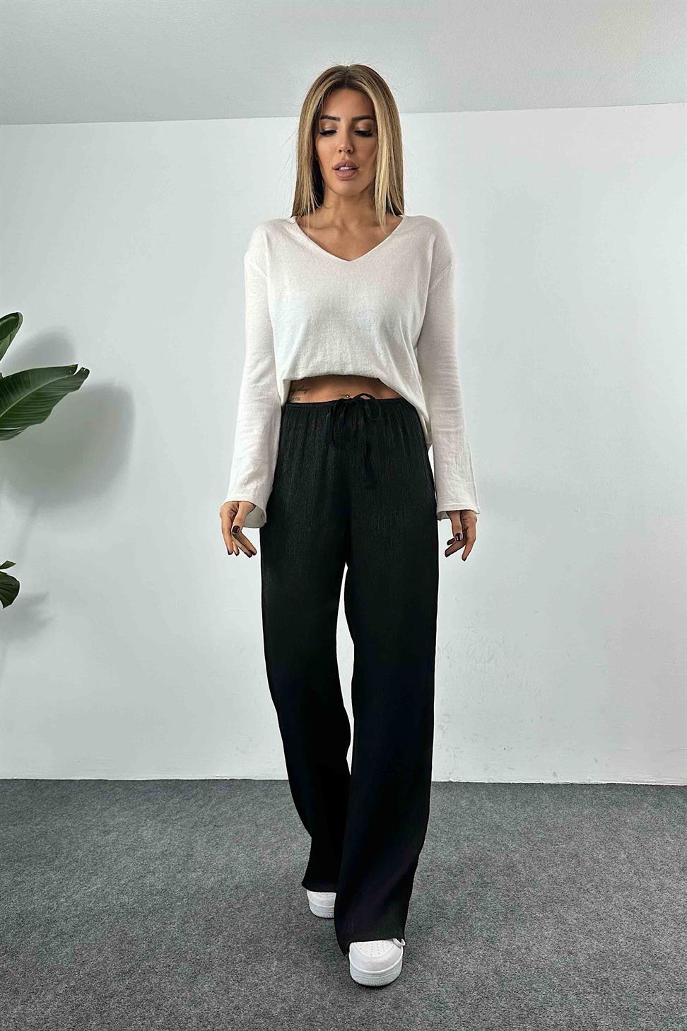 Akordiyon Kumaş Salaş Kadın Pantolon Siyah