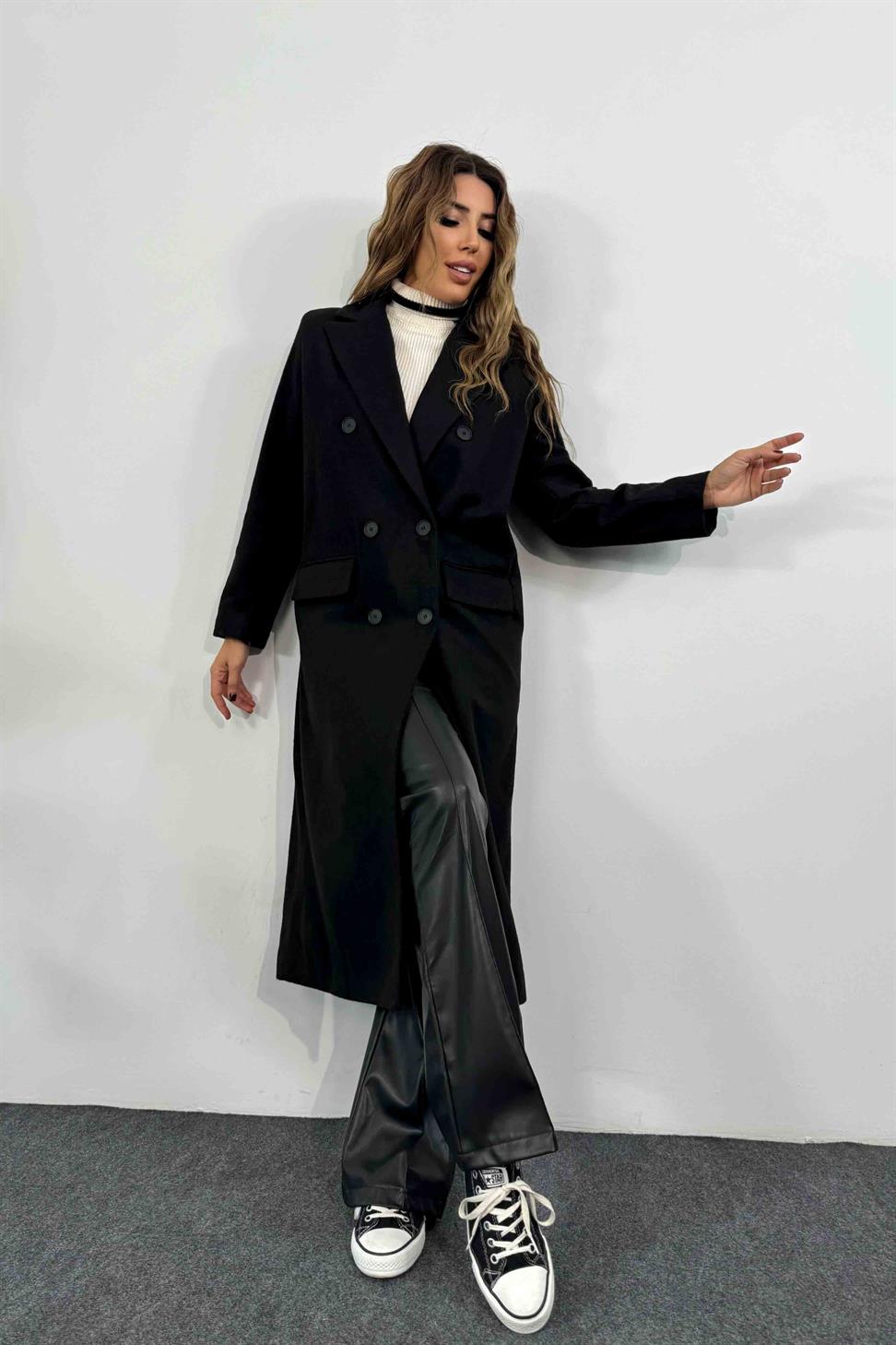 Akrilik Kaşe Kumaş Astarlı Uzun Kadın Kaban Siyah