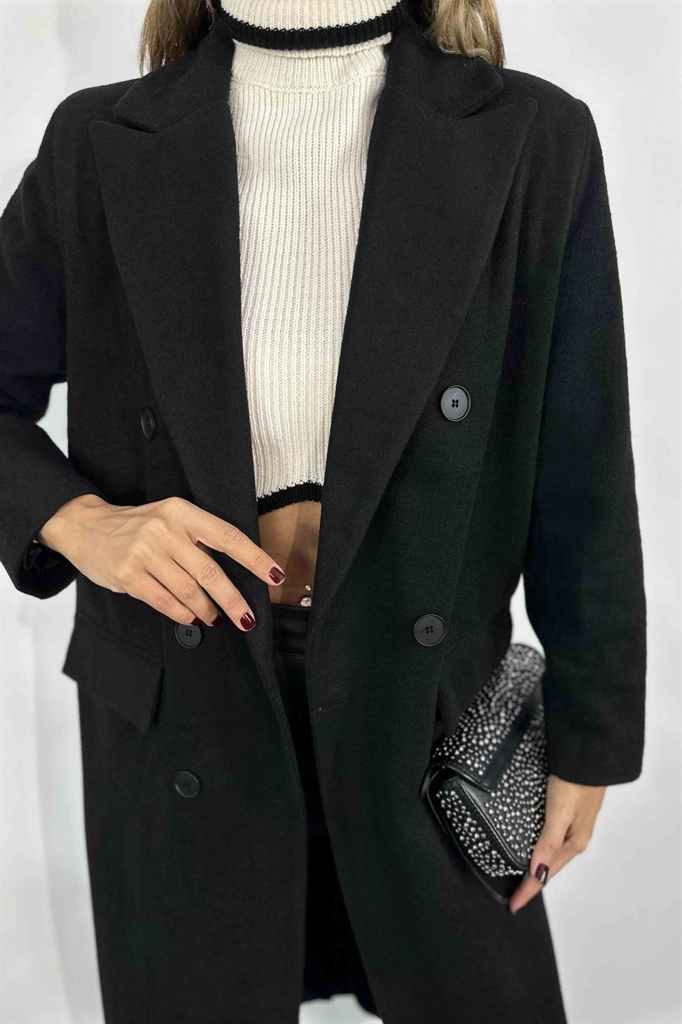 Akrilik Kaşe Kumaş Astarlı Uzun Kadın Kaban Siyah